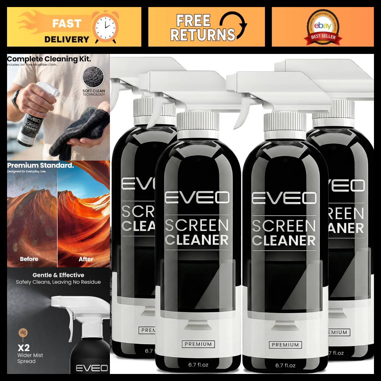 Streak-Free Screen Cleaner Spray Kit for TV, LCD, LED, OLED & Devices - 6.7oz 4