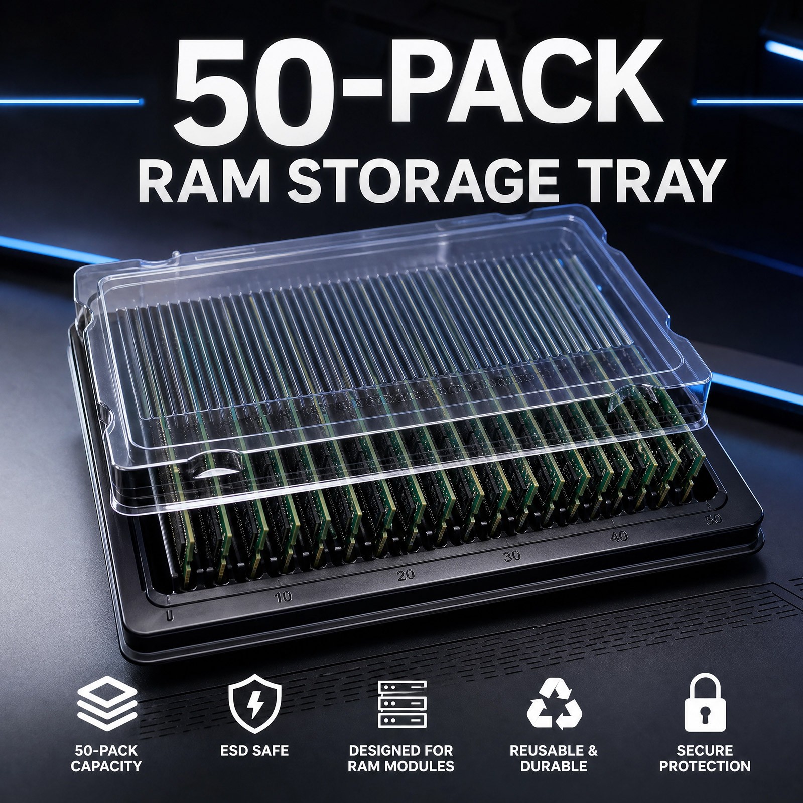 Memory Package Tray with Cover fit 50PCs Long DIMM DDR5 / DDR4 / DDR3/ DDR2/ DDR