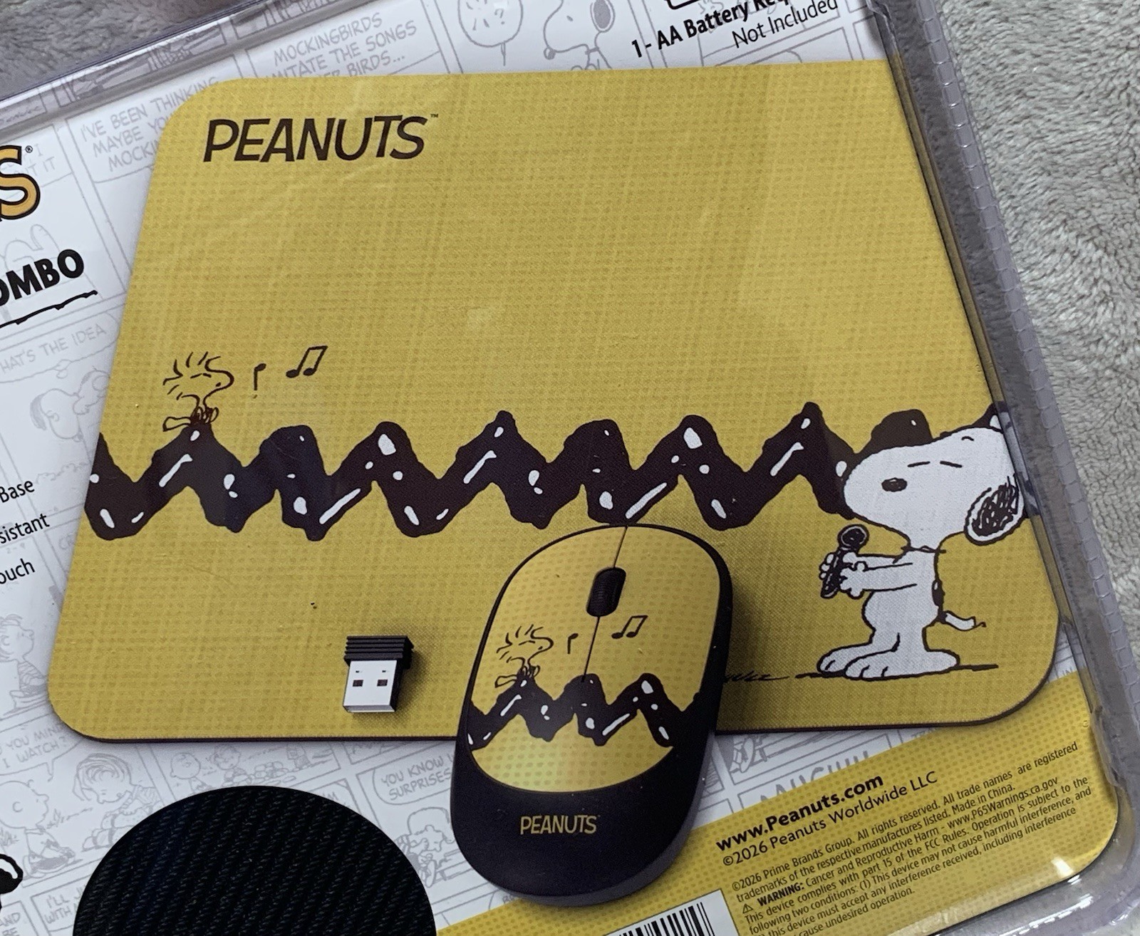 NEW Peanuts SNOOPY & WOODSTOCK  Zig-Zag Foam Mouse Pad/Wireless Mouse Combo Set