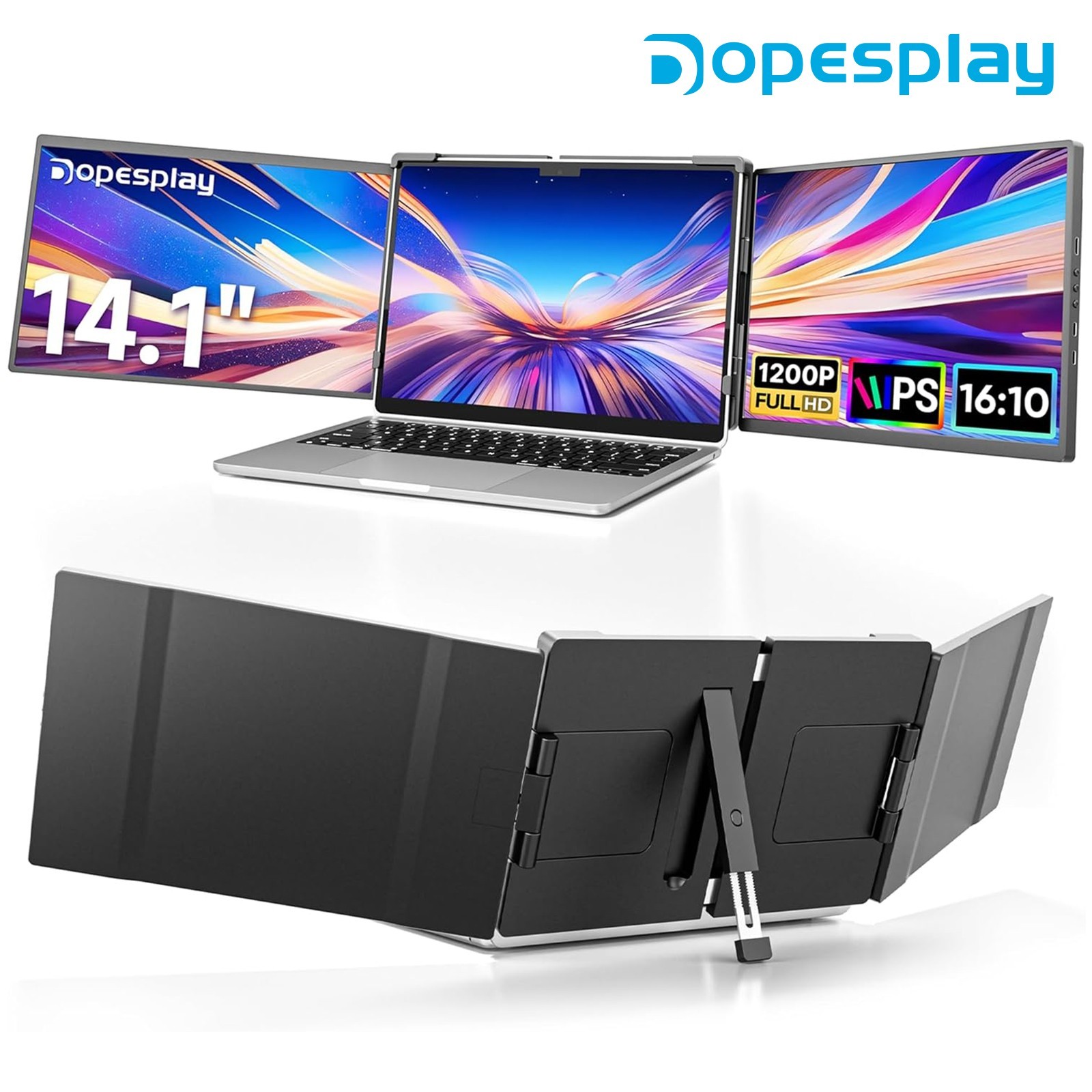 USED Triple Portable Monitor 14.1" FHD IPS Laptop Screen Extender Fits 14-17" PC
