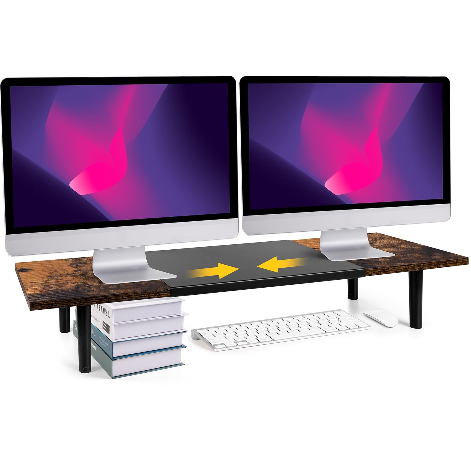 Brown Dual Monitor Stand Riser for Desk Adjustable Length 32-40 inch