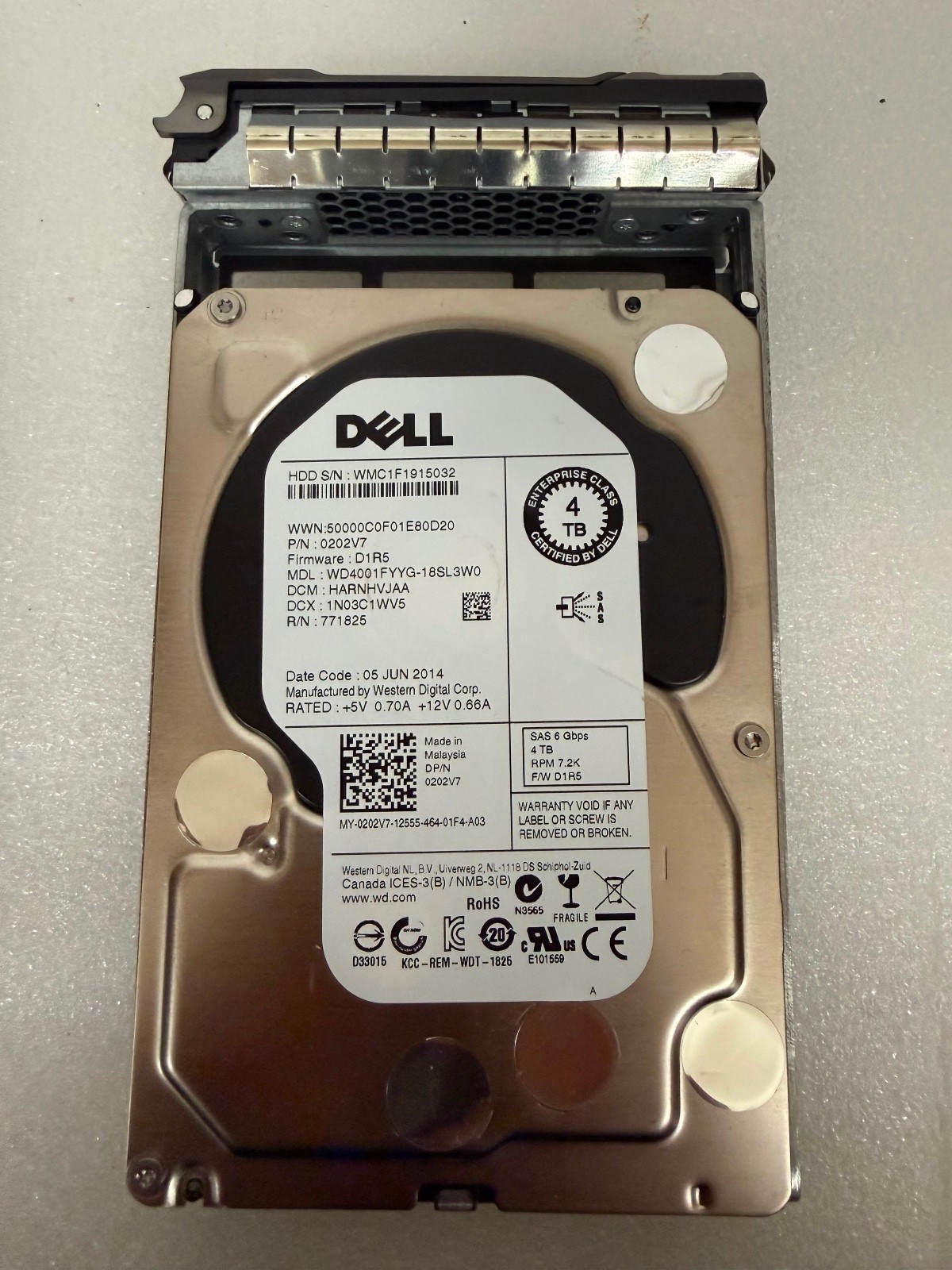 Dell 4TB 7.2K SAS 6Gbps Enterprise Hard Drive WD4001FYYG 0202V7 Caddy