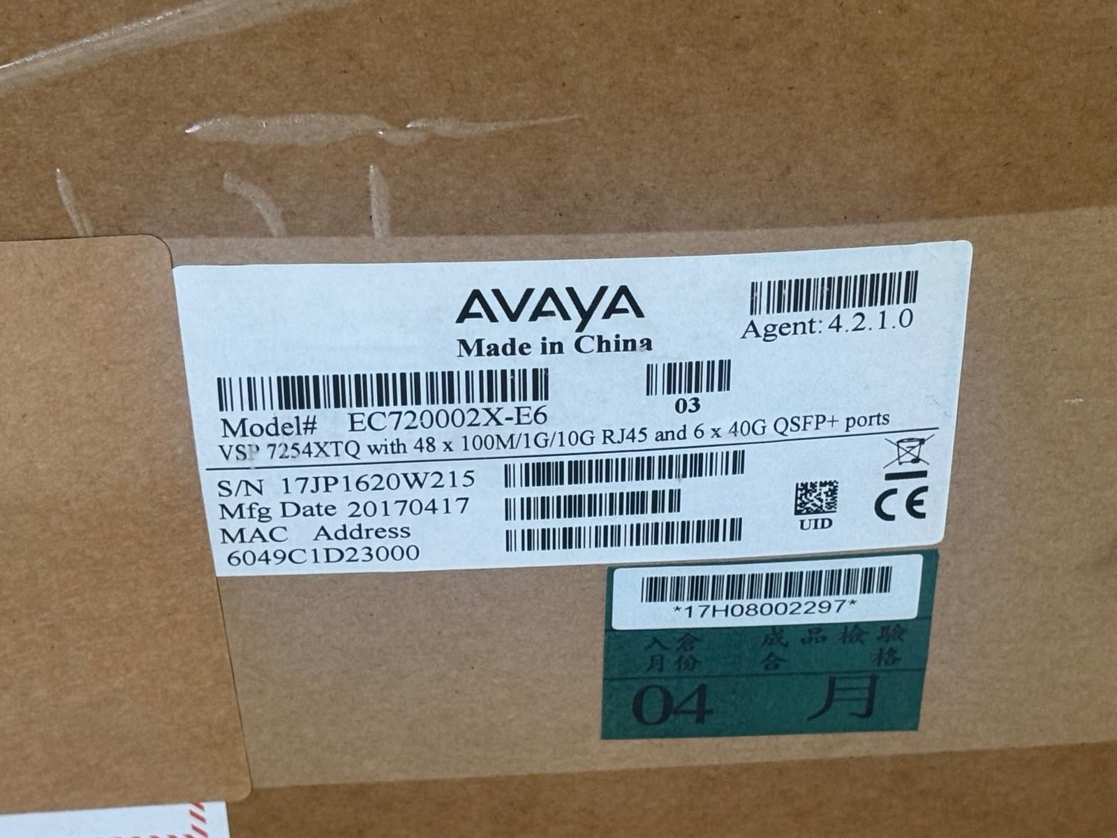 Avaya EC720002X-E6 VSP 7254XTQ w/ 48x RJ45 Ports and 6x QSFP+ Ports - Open Box