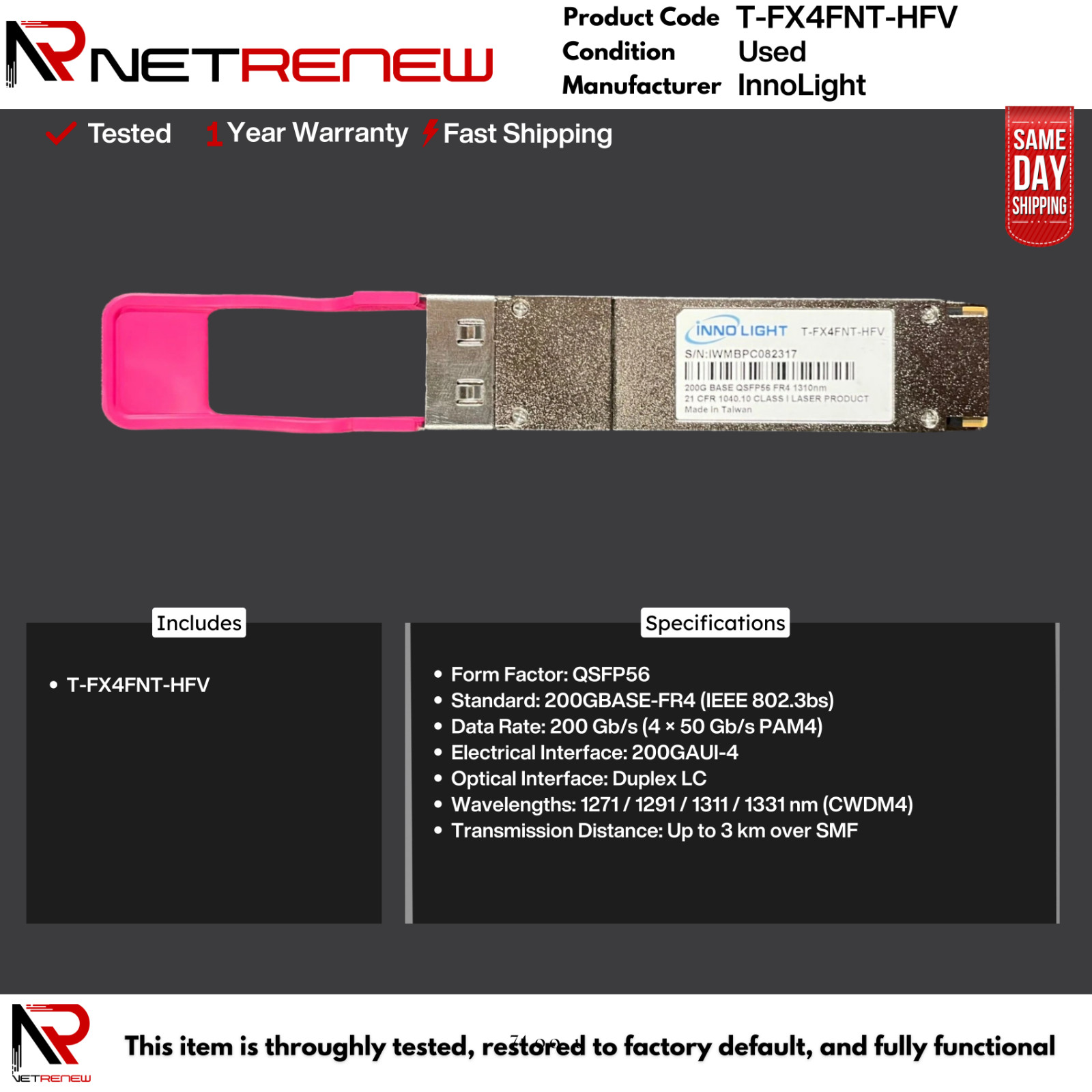 T-FX4FNT-HFV InnoLight  Optical Transceiver  200G BASE QSFP56 FR4 1310nm