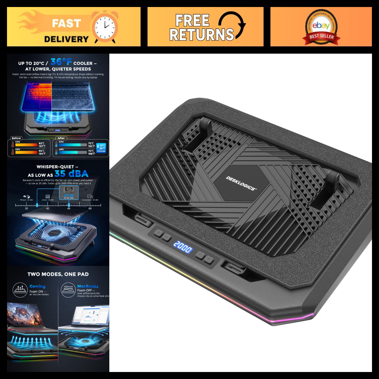 Adjustable Laptop Cooling Pad with RGB Light, Quiet Turbo Fan for 12-19” Laptops