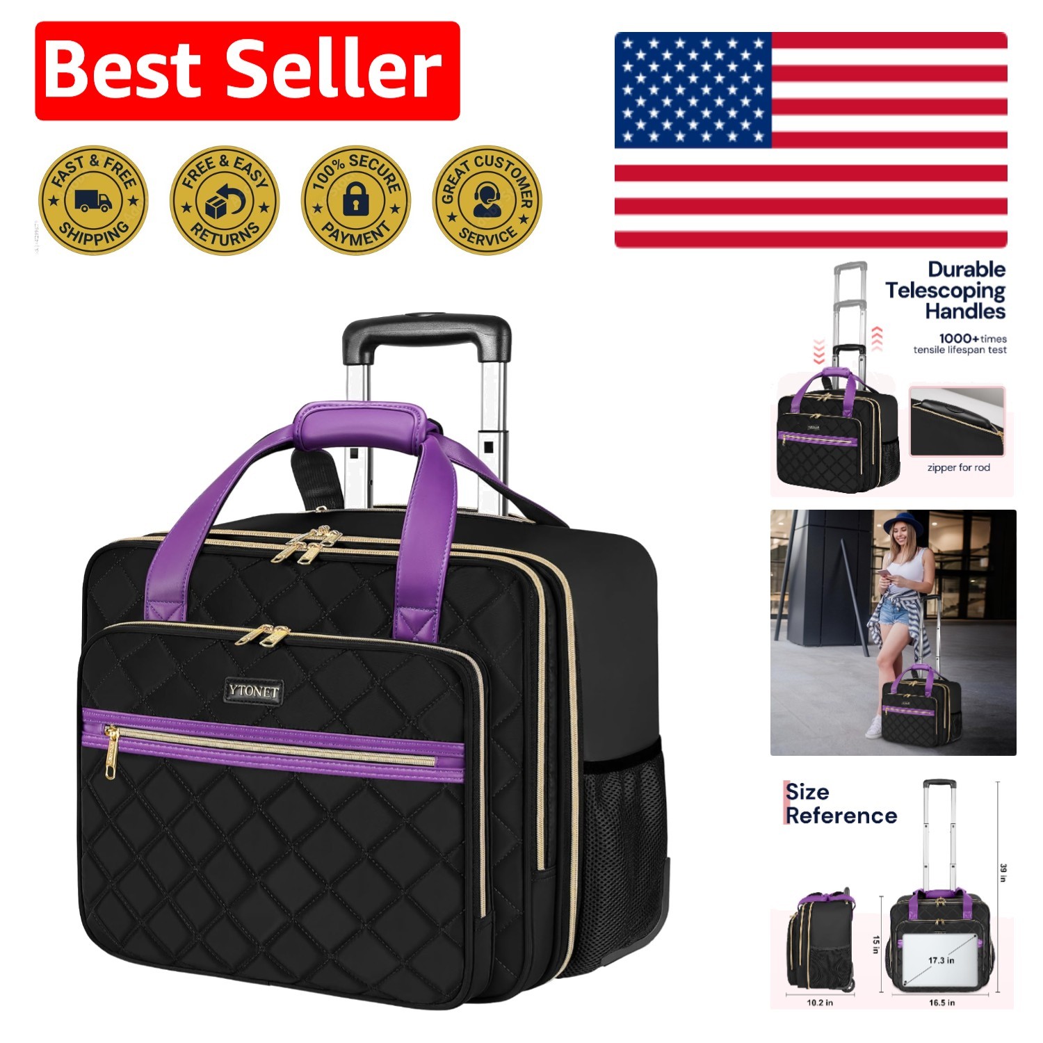 Stylish Water-Resistant 17.3-Inch Rolling Laptop Bag for Women – Black & Purple