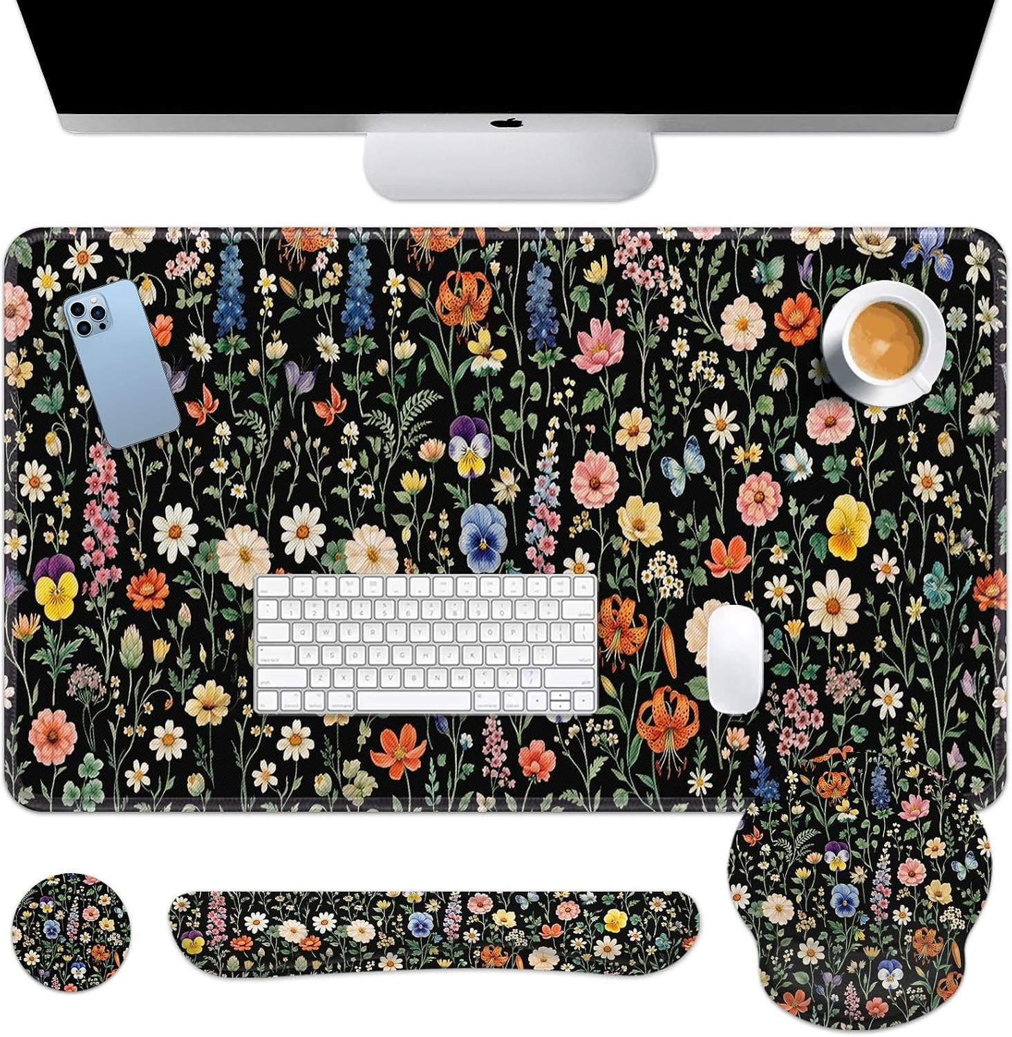 Black Florals Keyboard Mouse Pad Set Colorful Wildflowers 4In1 Large Mousepad+Ke