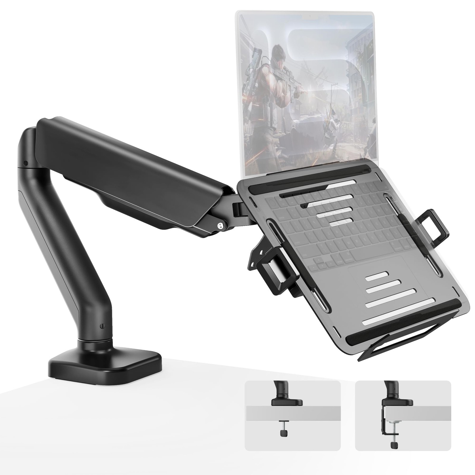 monTEK Laptop Arm Mount for Desk, 2-in-1 Monitor & Laptop Stand with Adjustab...