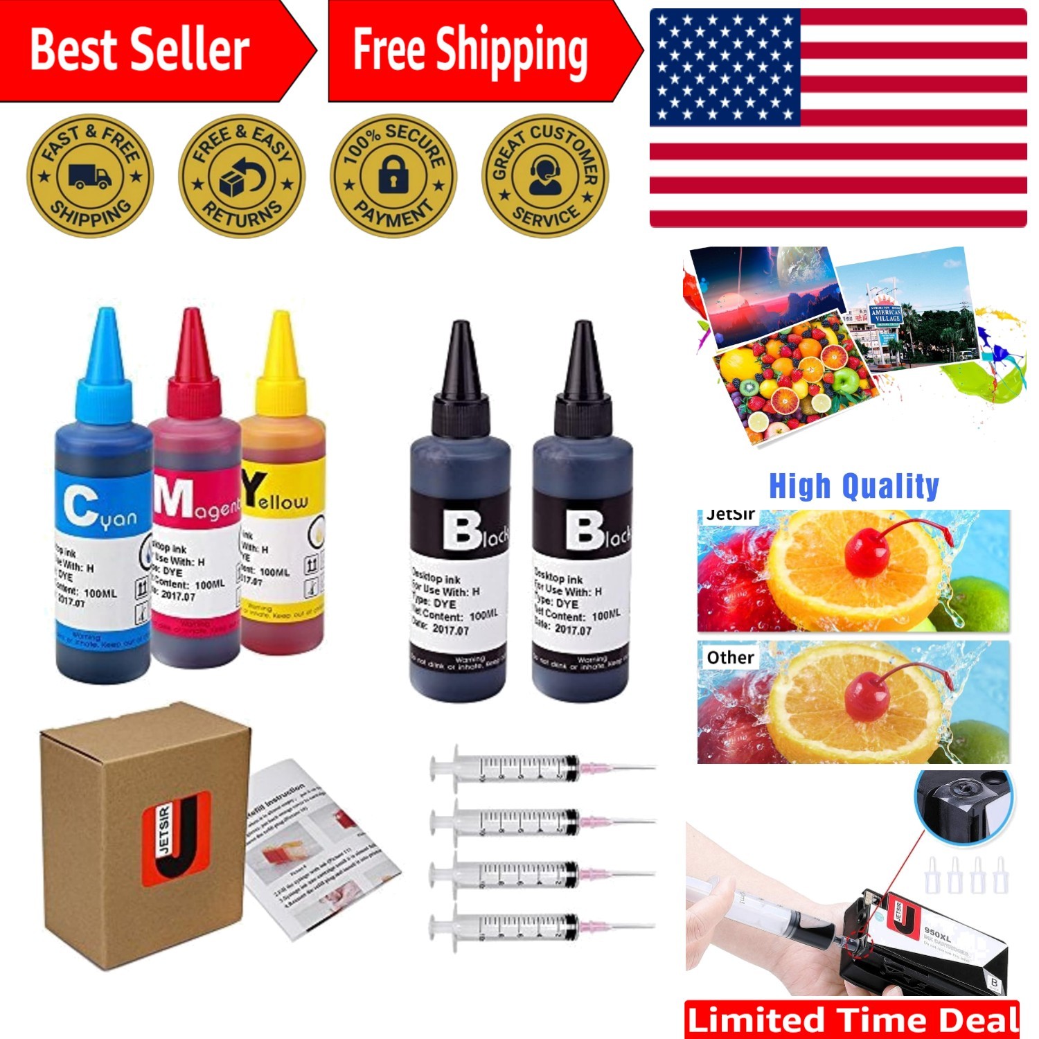 High Yield Dye Ink Refill Kit - 5 x 100ml with Syringes for Home Office Use
