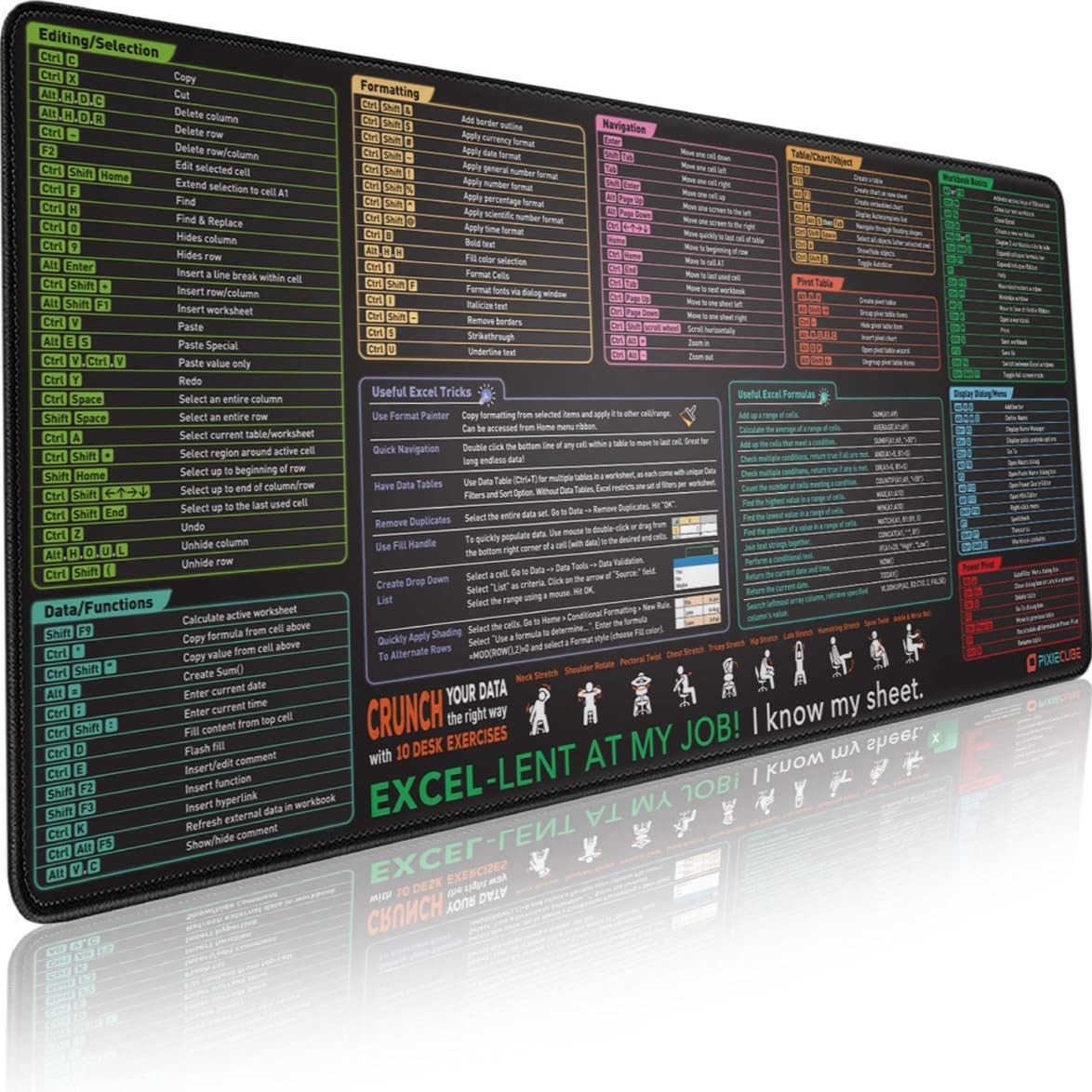 Excel Shortcut Keys Mouse Pad Extended Large XXL Cheat Sheet Gaming Mousepad