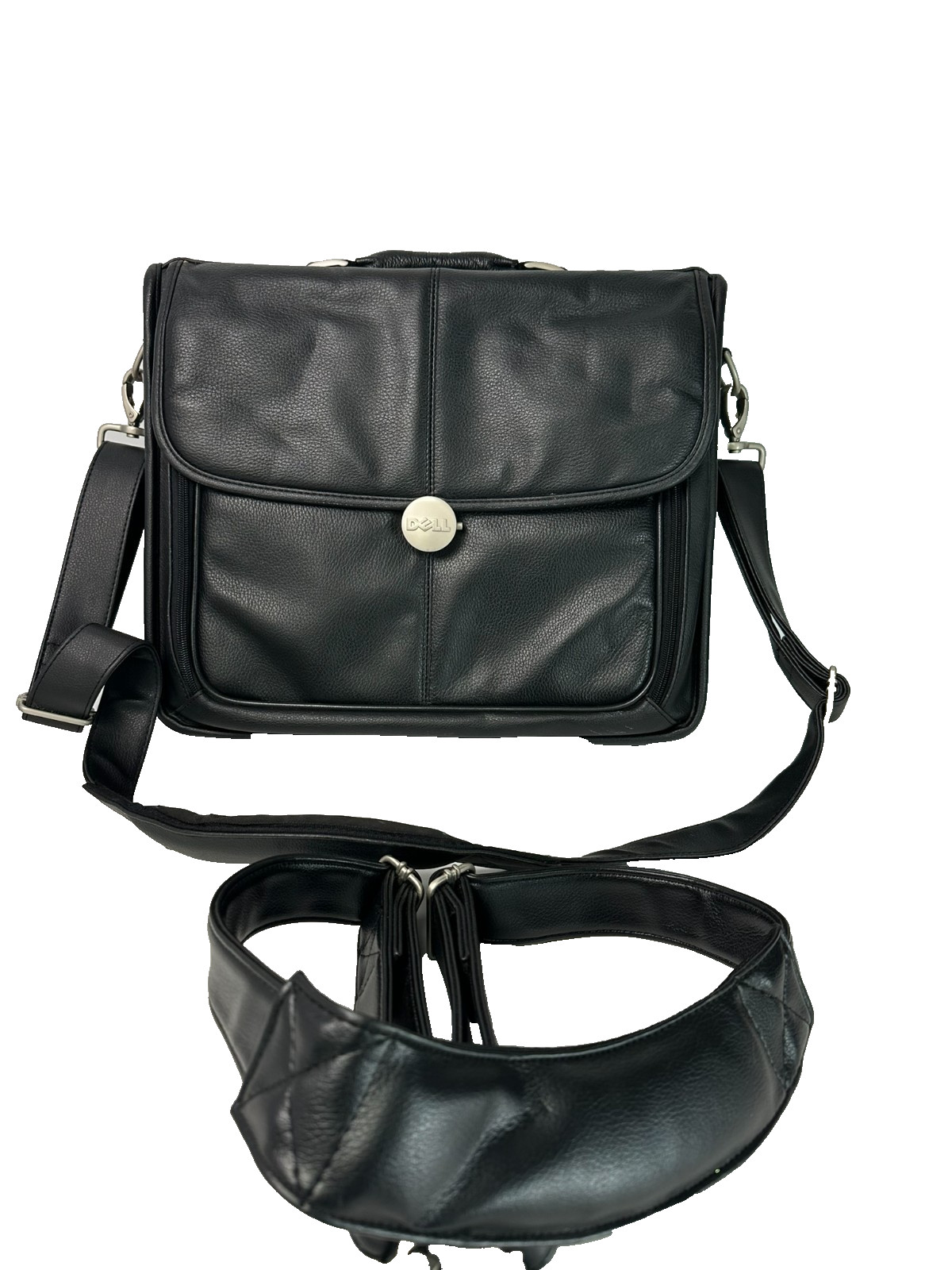 Dell Deluxe Laptop Computer Bag Briefcase With Strap in Black Leather EUC Clean
