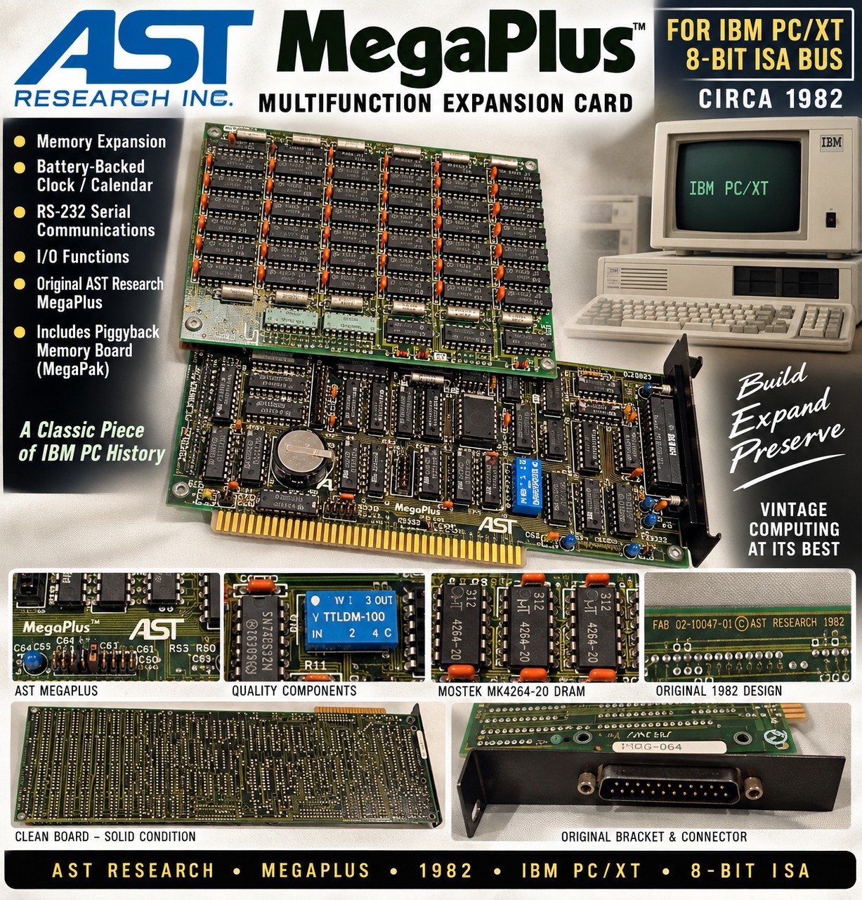 AST Research MegaPlus 1982 IBM PC XT 8-Bit ISA Memory Expansion MegaPak Vintage