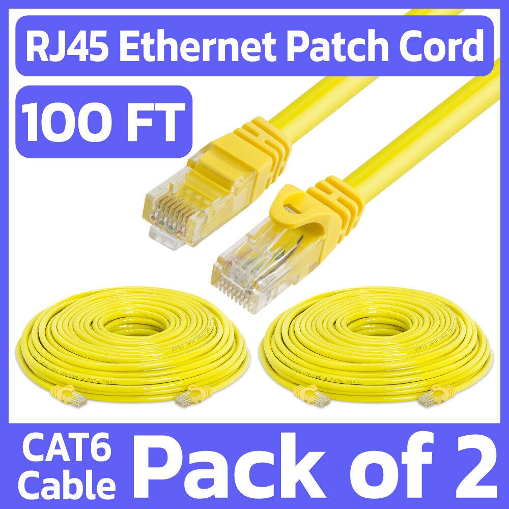 2 Pack Cat6 Cable Yellow 100 Feet Ethernet Patch Cord LAN Network Internet Cable