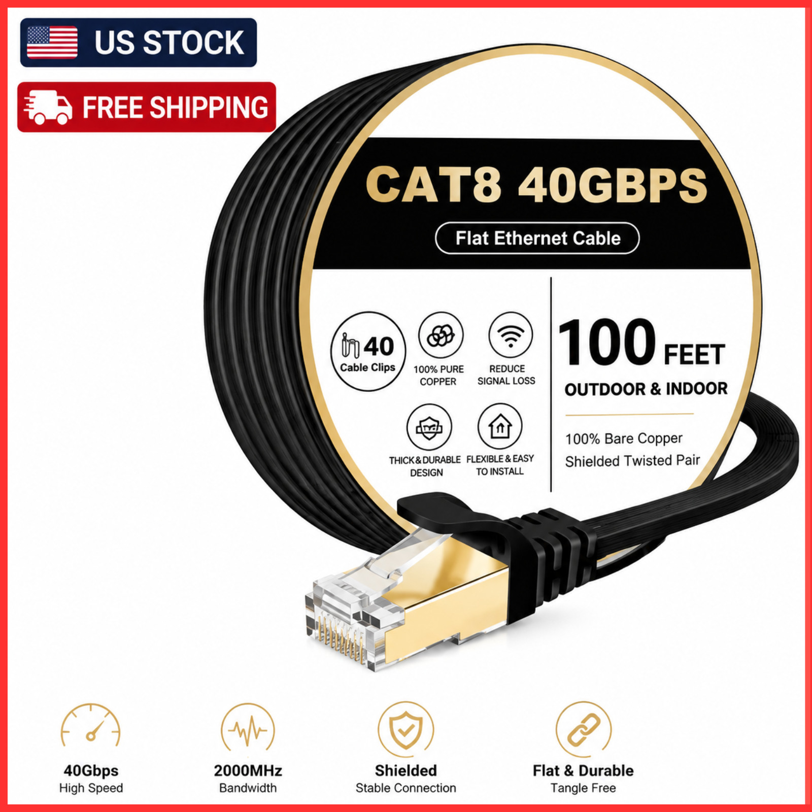 CAT8 Ethernet Cable Super Speed 40Gbps LAN Wire Black 6FT- 50FT Multipack LOT