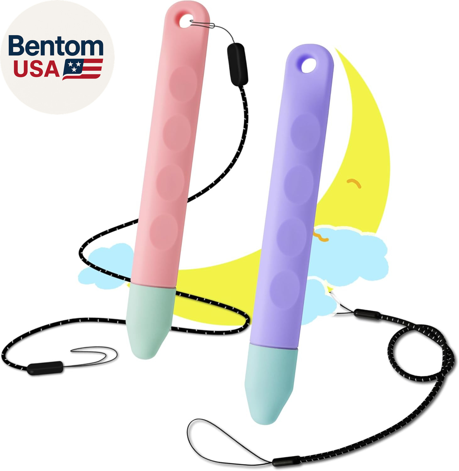 Kid-Friendly Tablet Stylus with Tether, 2 Pack of Pink and Purple Kids Stylus Pe