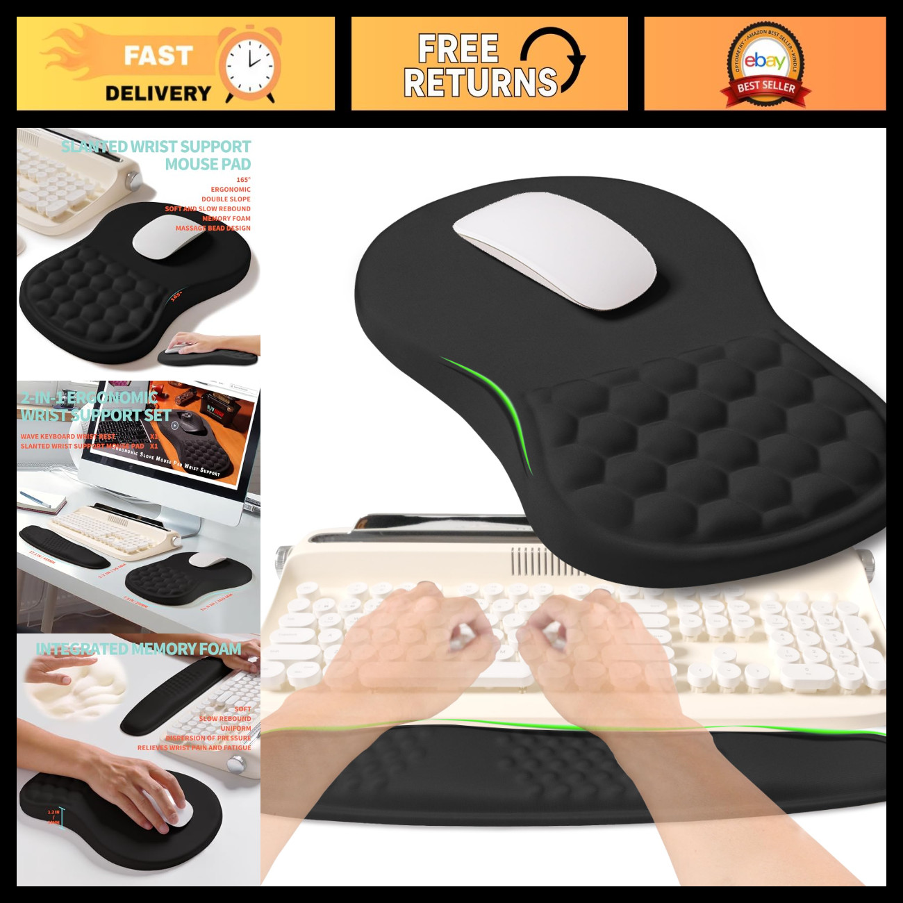 Ergonomic 2-in-1 Keyboard Wrist Rest & Mouse Pad Support, Memory Foam Relief, Bl