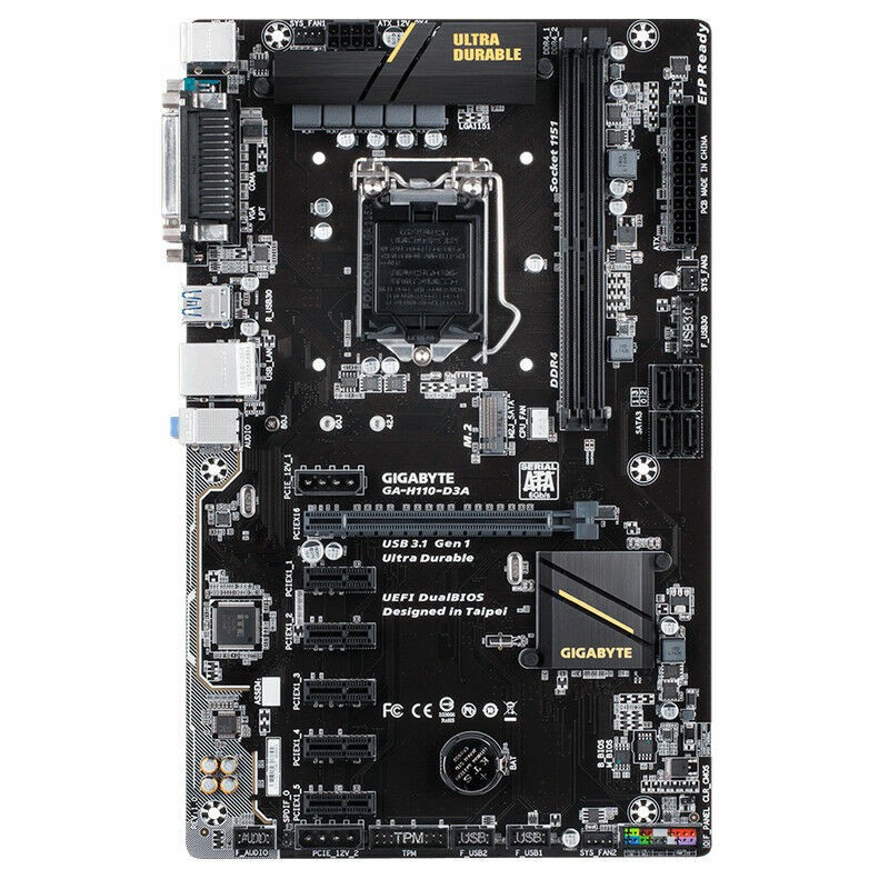 Gigabyte GA-H110-D3A 6 GPU Motherboard Etherum Mining  ETH BTC LGA 1151 H110 D3A