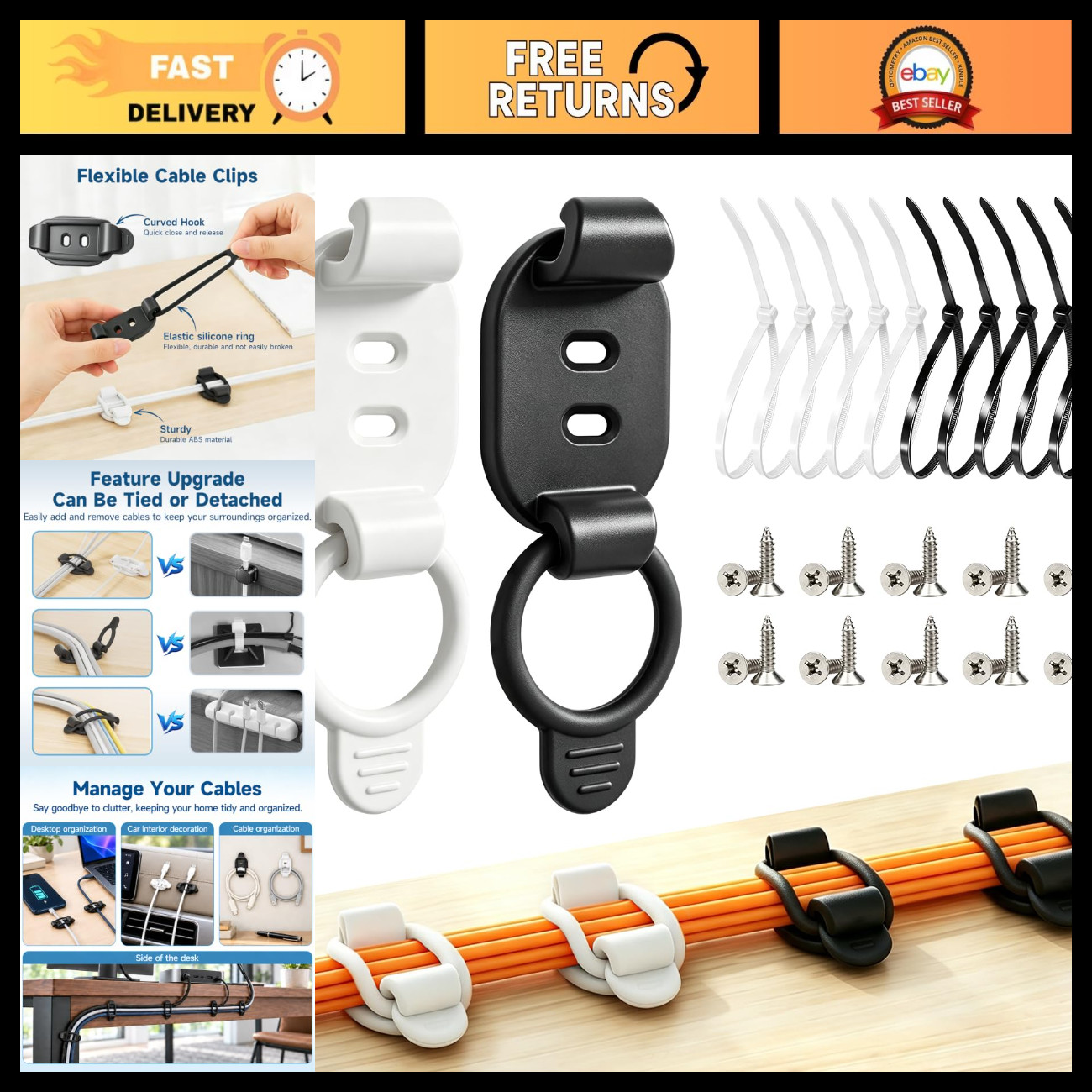 20 Sets Adjustable Cable Management Clips - Self Adhesive Cord Organizer, Reusab