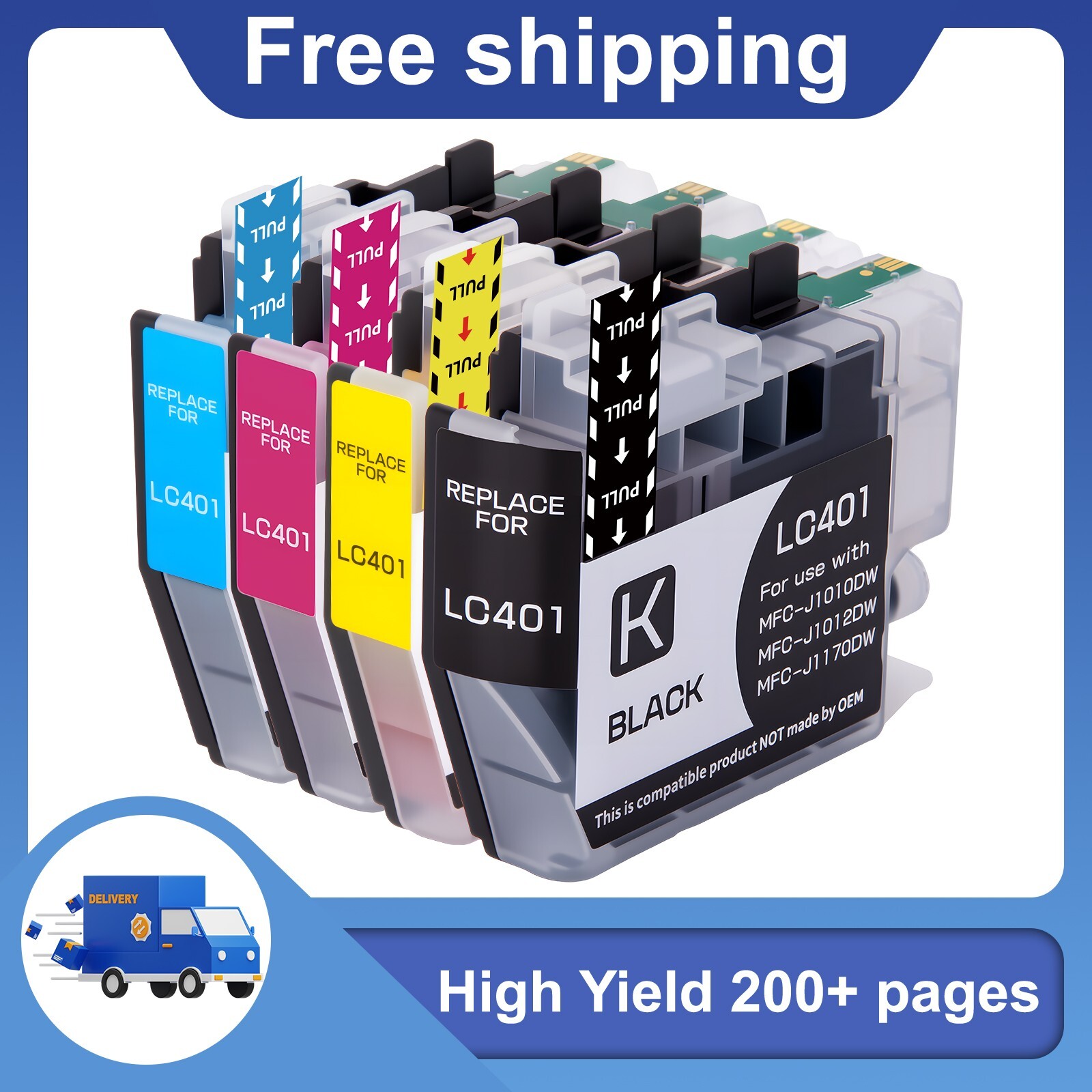 4 Pack LC401 Ink Cartridges Compatible For Brother MFC-J1010DW MFC-J1012DW