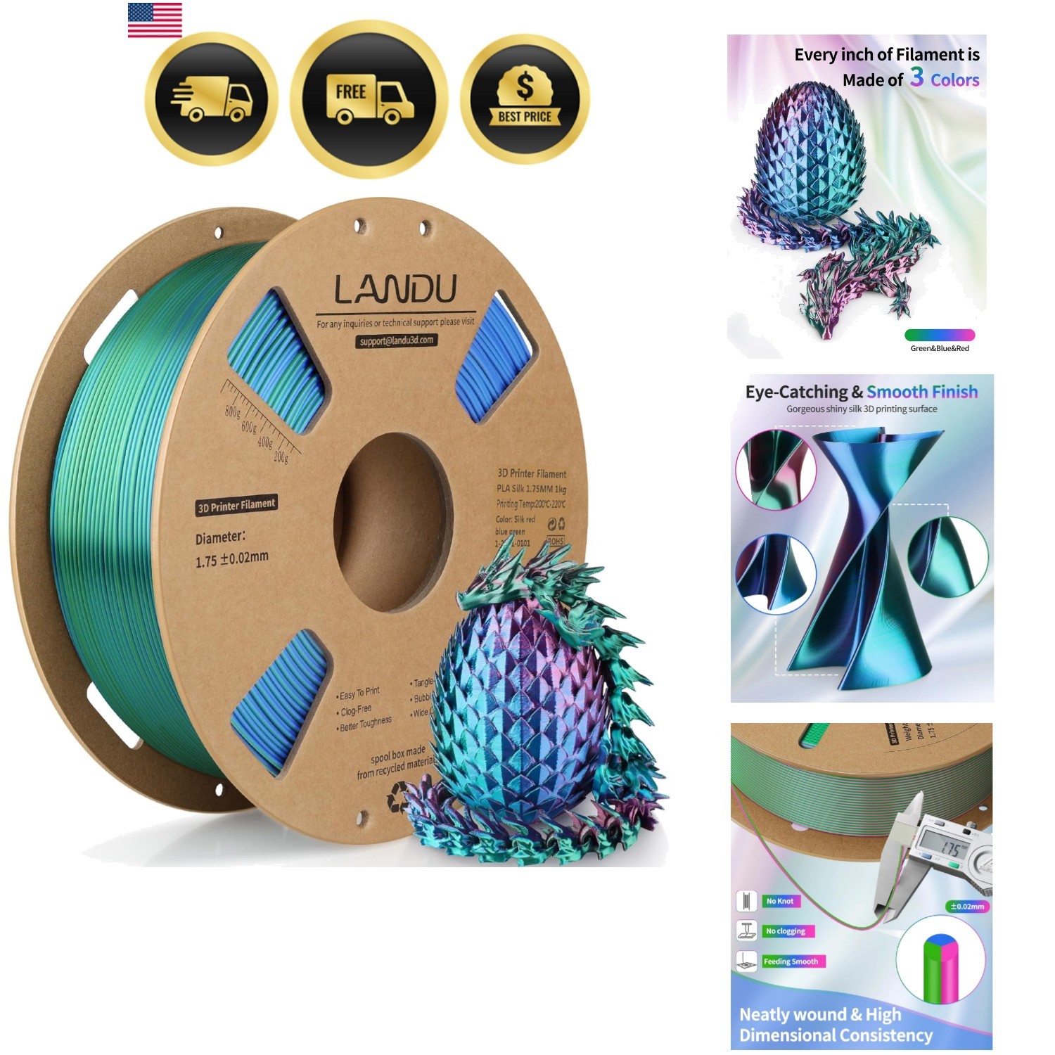 Silk Tri-Color PLA Filament 1.75mm 1Kg, Triple Color Silk PLA Filament, Silk ...