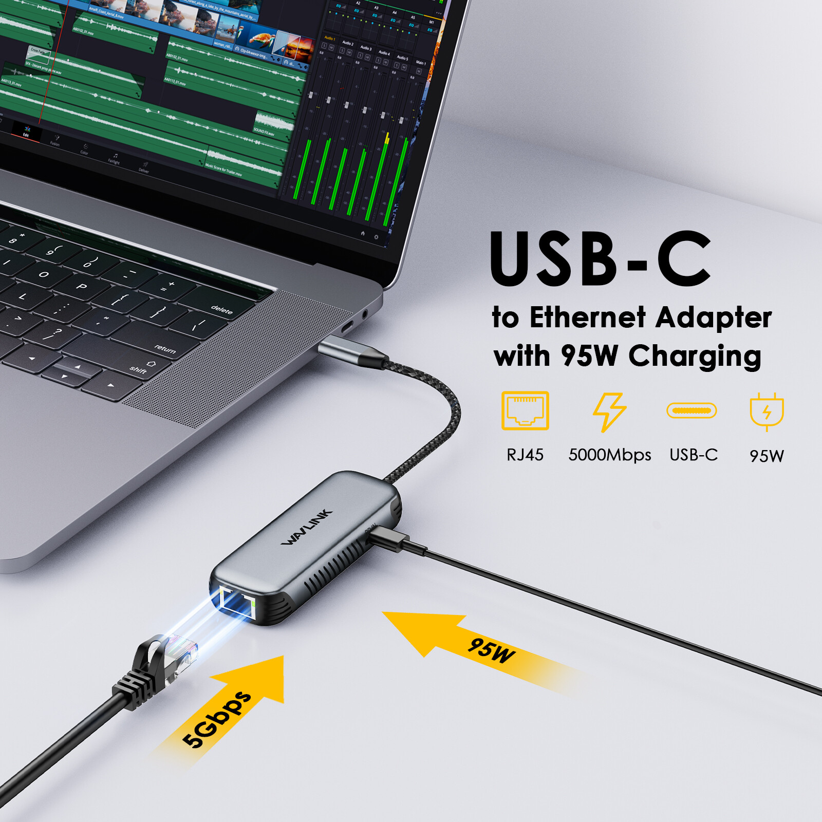 Dual-Port  USB-C to 2.5/5Gbps USB 3.0 95W PD USB-C 5 Gigabit Ethernet Adapter