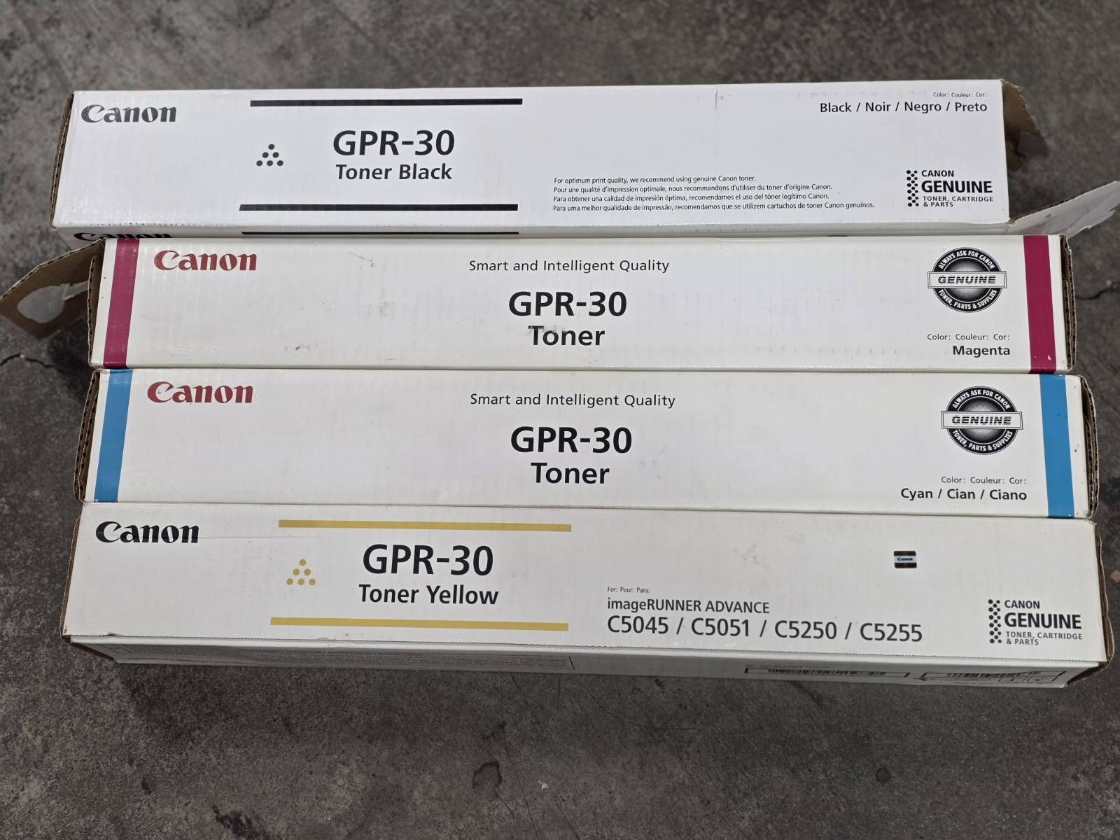 Genuine Canon GPR-30 Toner Set CMYK (Black/Magenta OPEN BOX, Cyan/Yellow SEALED