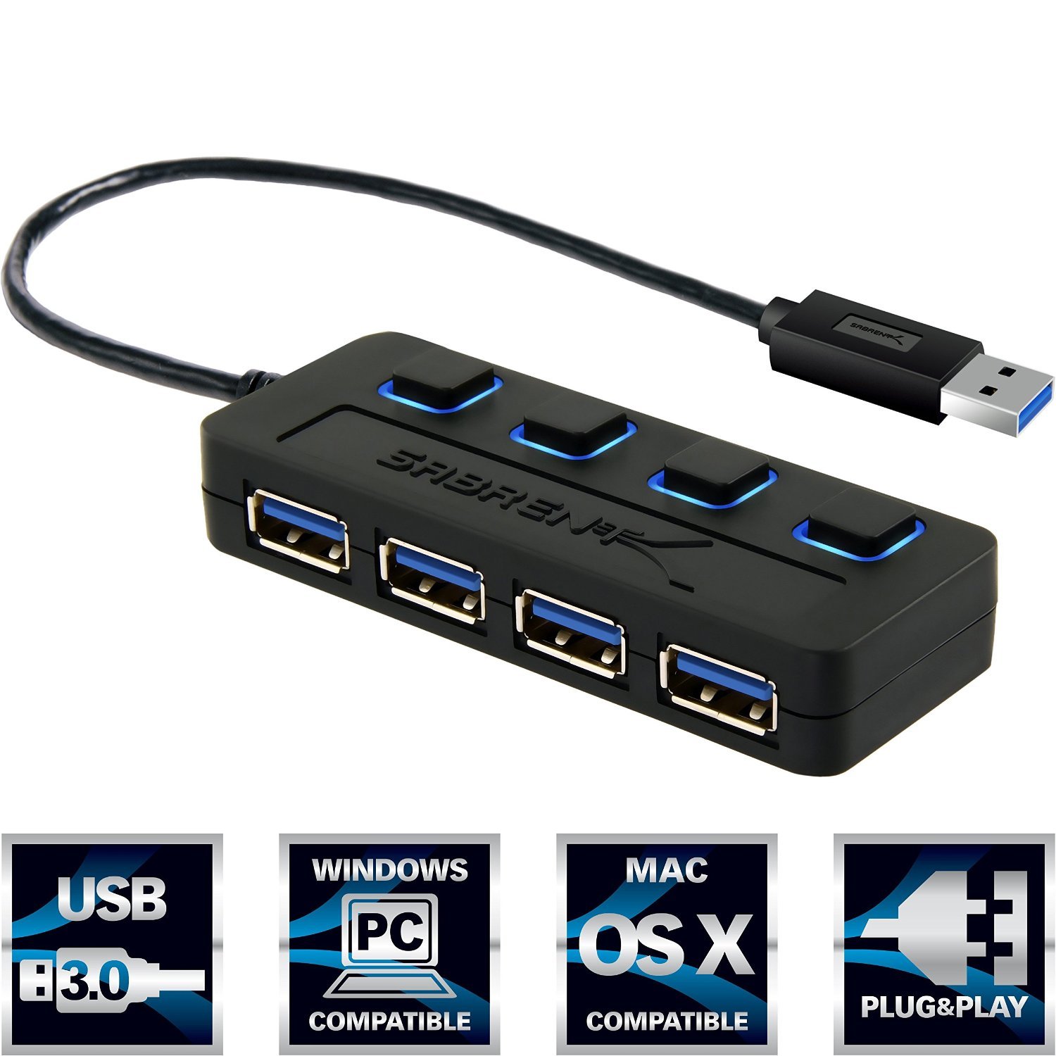 Sabrent HB-UM43 4-Port USB 3.0 Hub w/ Individual Power Switches and LEDs S-Speed