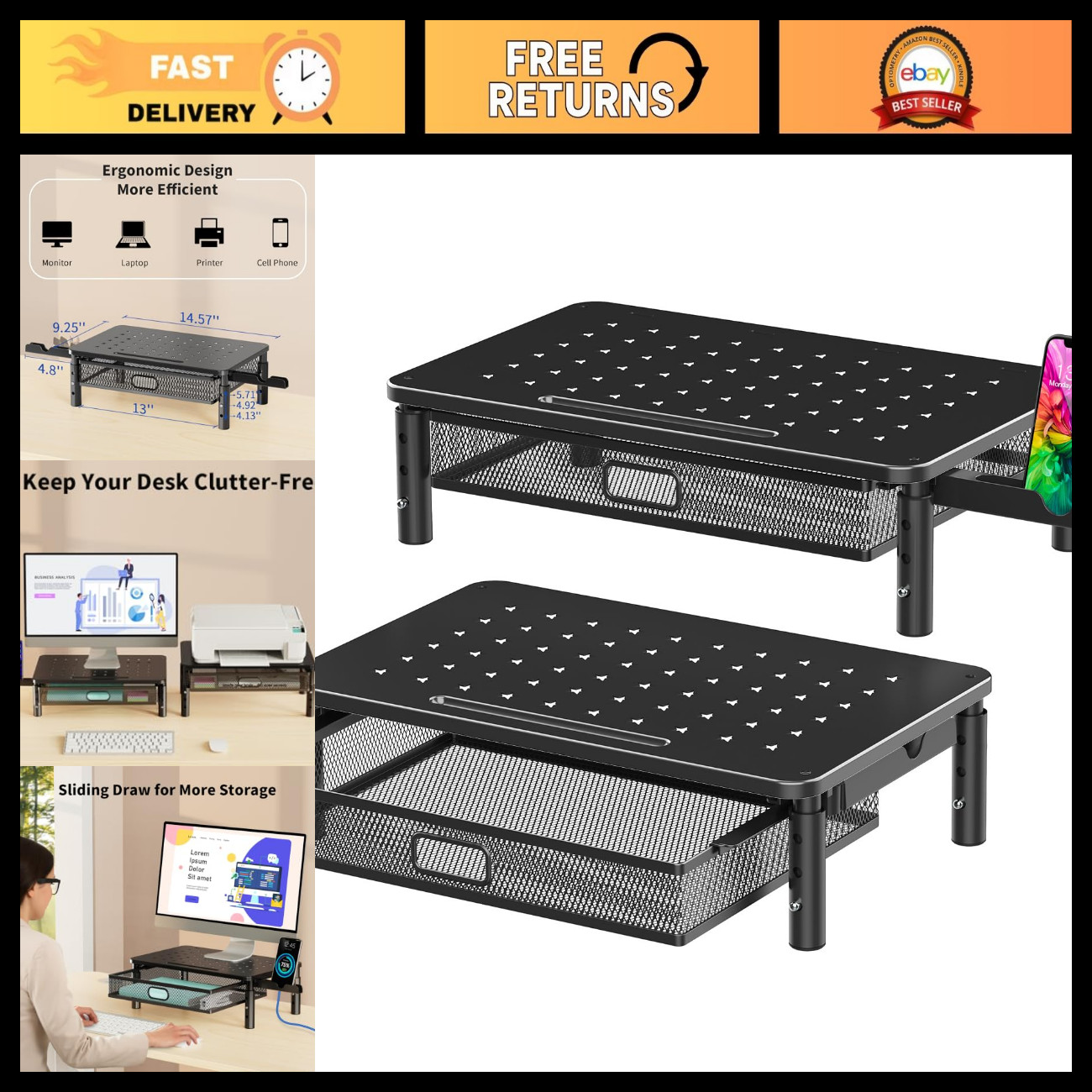 2 Pack Adjustable Monitor Stand Riser with Metal Drawer - Ergonomic Height Optio