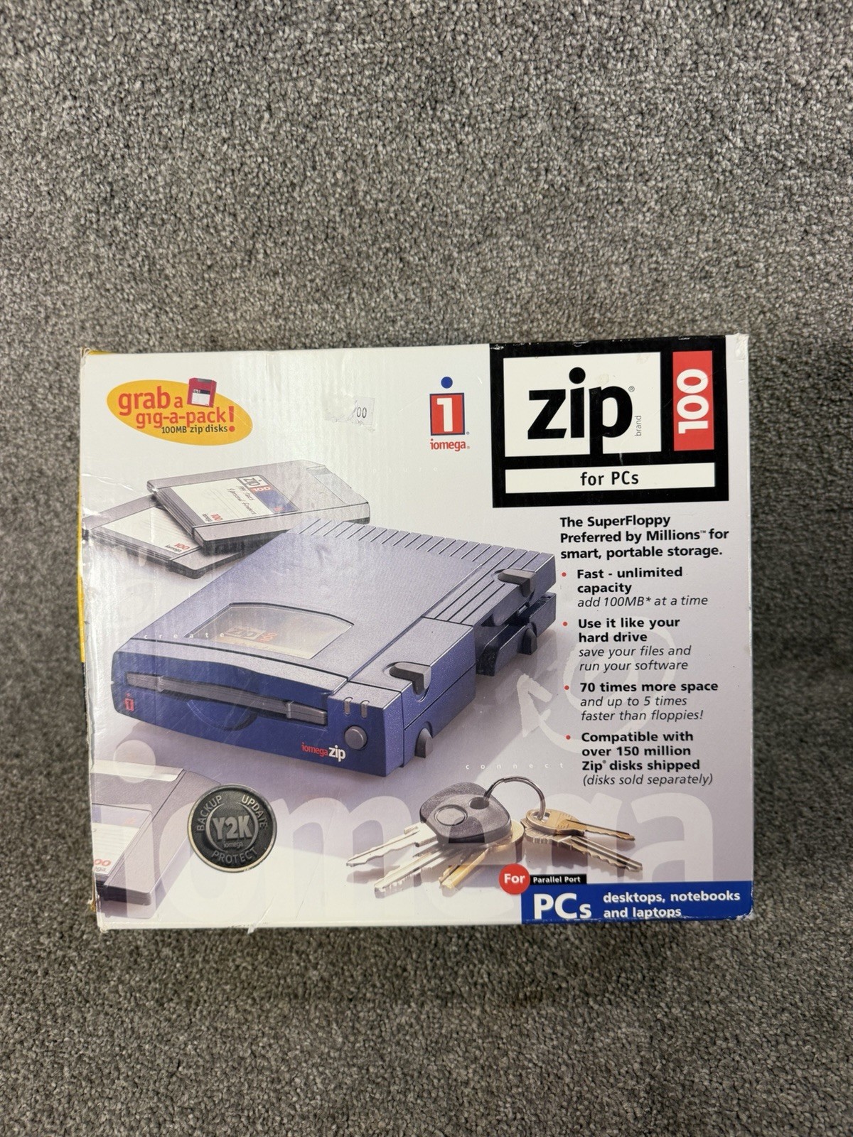 Vintage Iomega Zip 100 External Drive Parallel Port PC Blue Big Box Incomplete