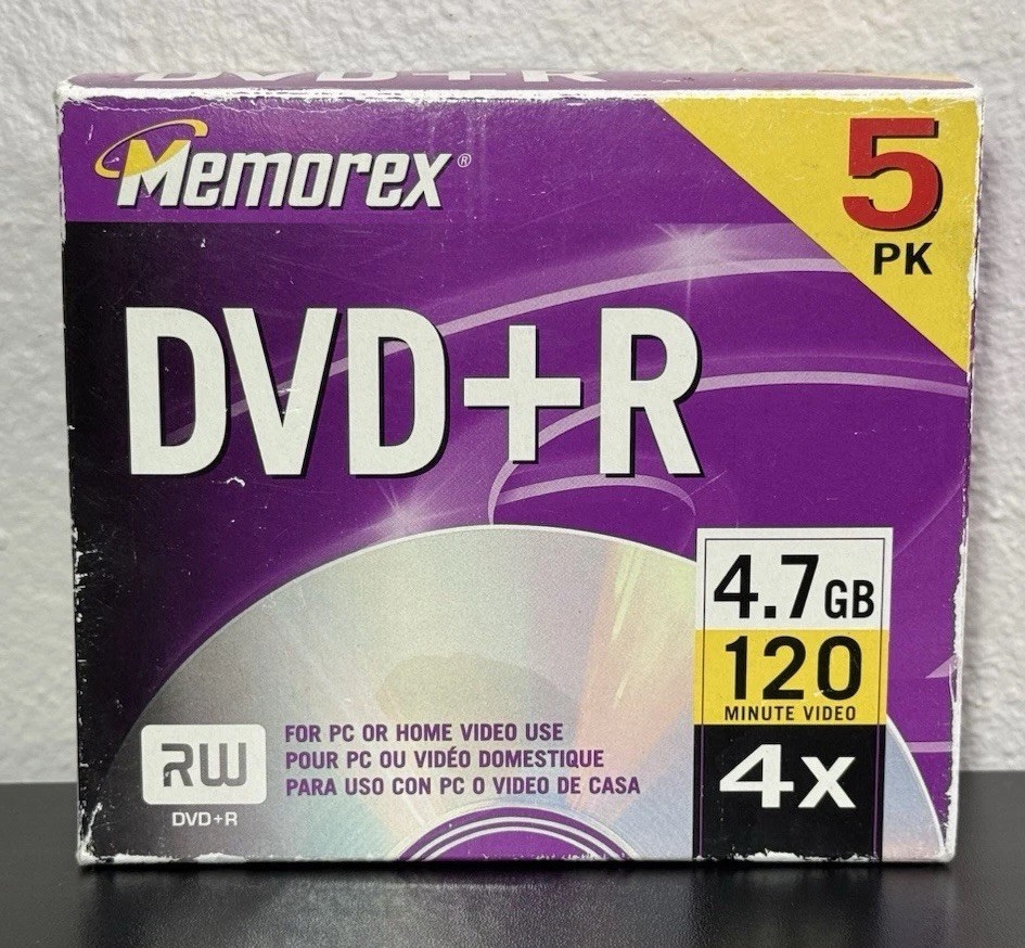 Memorex DVD+R 5 Pack 4x 4.7GB 120 Min Blank Recordable Discs New Sealed Open Box