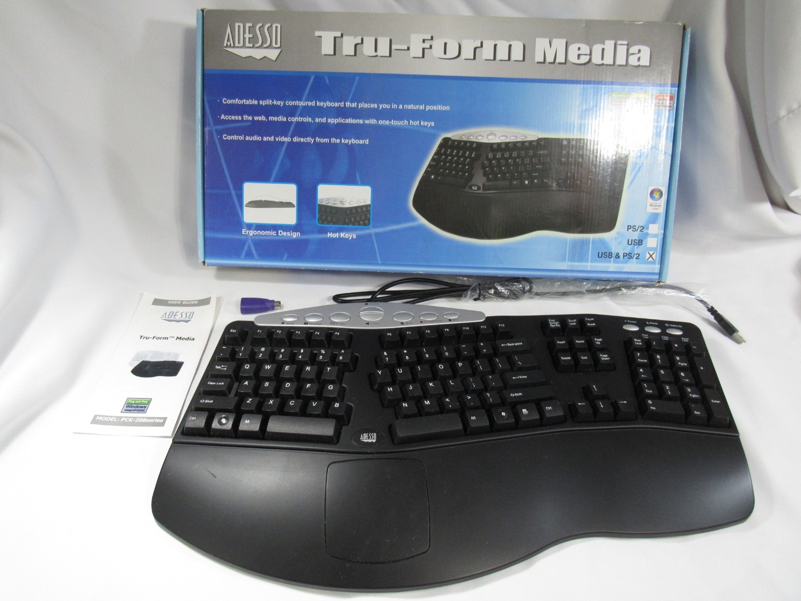 Adesso Tru-Form Contoured Ergonomic Keyboard PCK-208B Wired New In Box