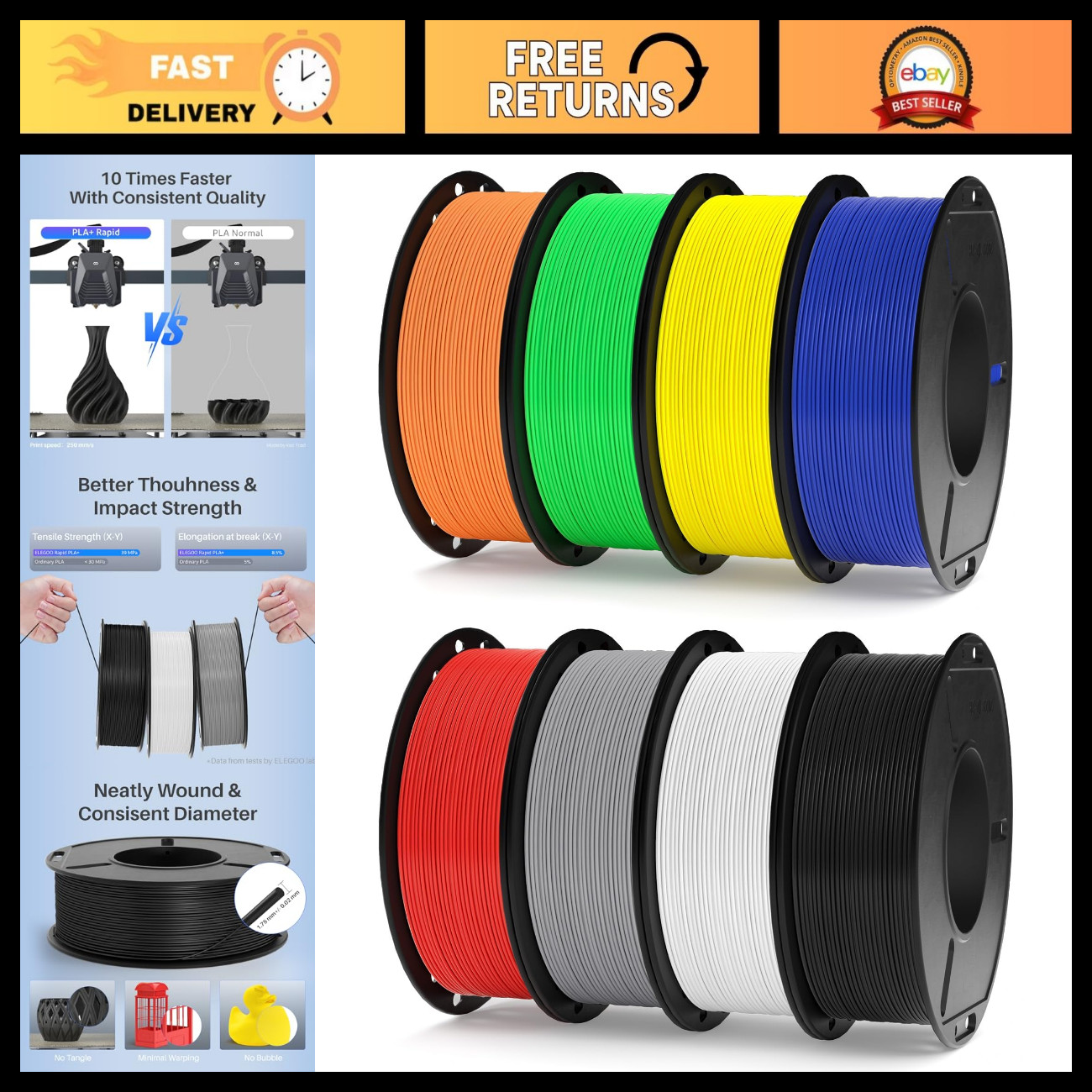 3D Printer Filament Bundle 1.75mm PLA Plus - 8 Colors, 8x250g, High Quality