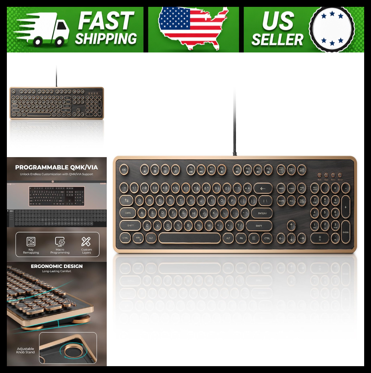 GLENCREAG Retro Mechanical Keyboard 104-Key Wired Typewriter Style Wood Grain