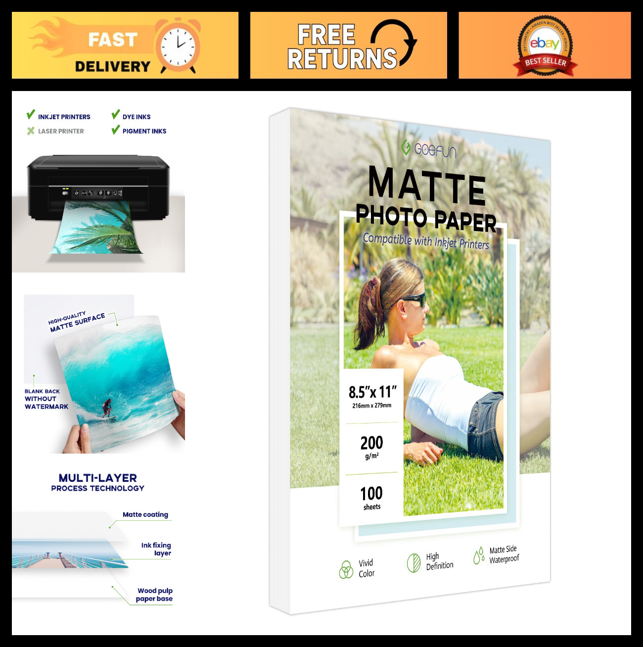 100 Sheets Matte Photo Paper 8.5x11 - 200GSM Inkjet Printer Paper for Dye & Pigm