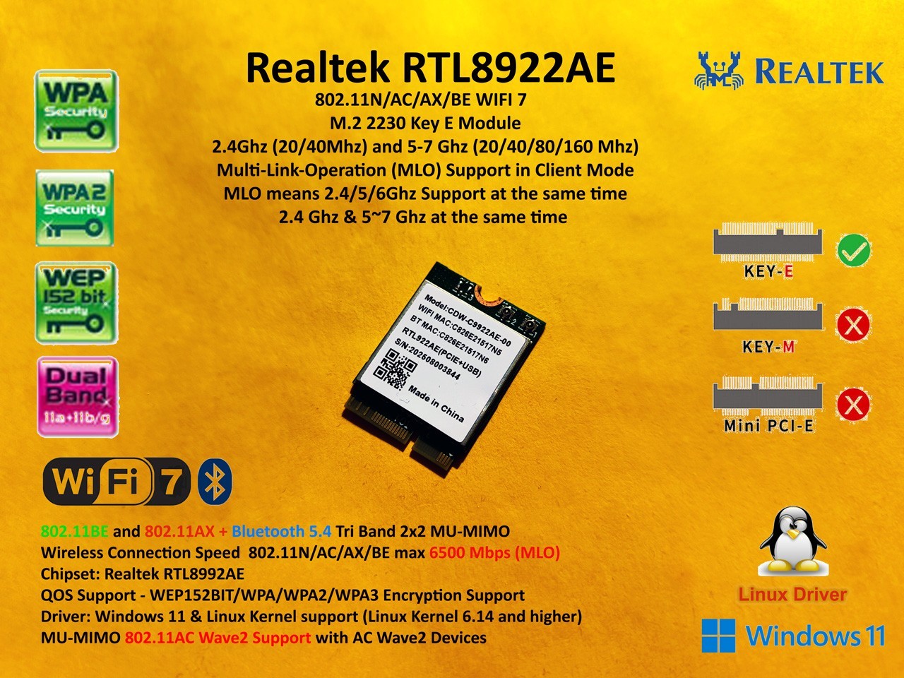 Realtek RTL8922AE M.2 WIFI 7 802.11BE Bluetooth 5.4 BE6500 MLO Windows 11 Linux