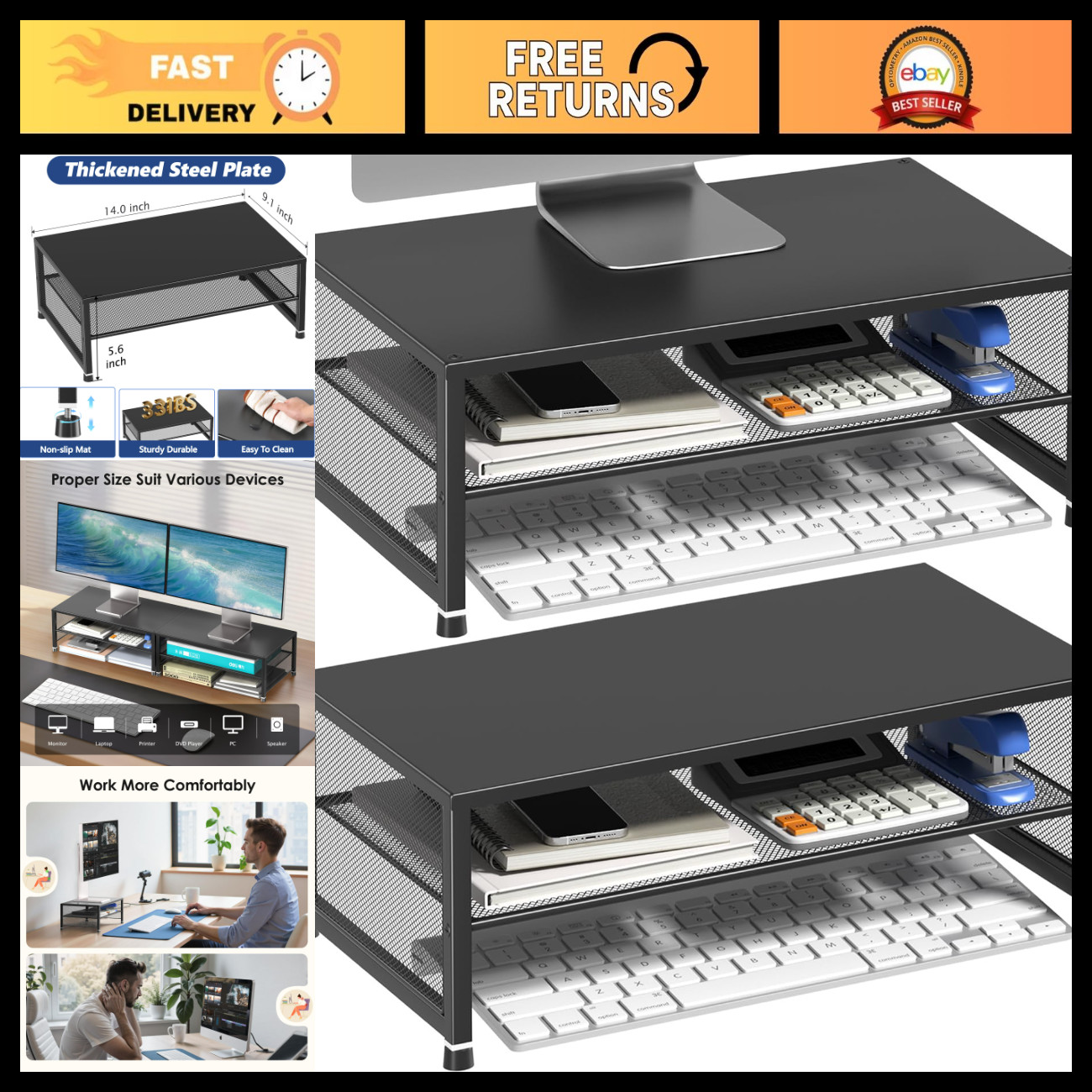 2-Tier Monitor Stand Riser & Laptop Holder, Office Desk Organizer, Black 2-Pack
