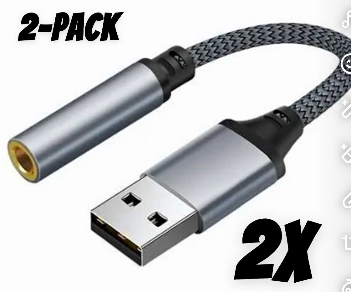2-Pack USB-A Male to 3.5mm Female Adapter Cable Short, Gray/Black