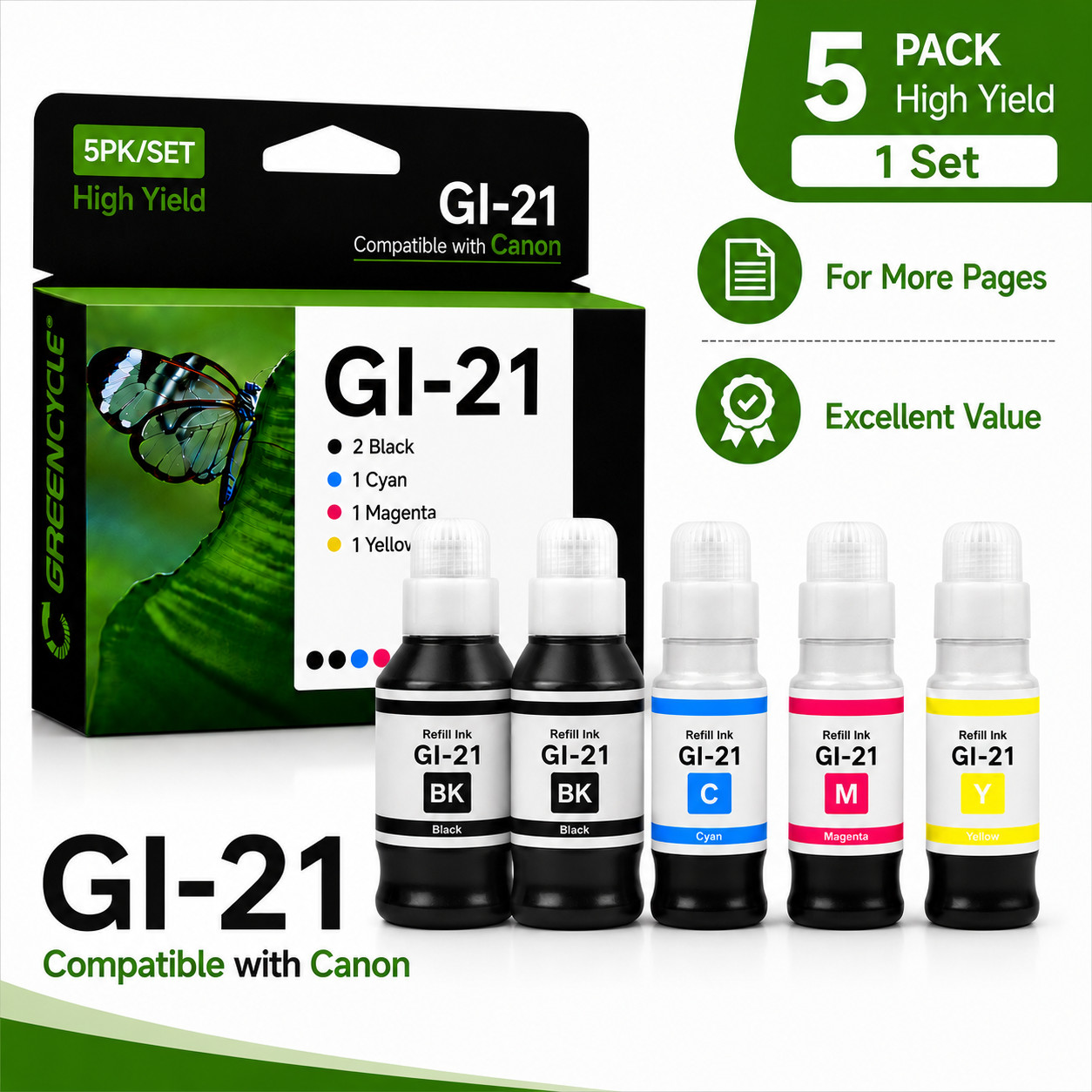 GREENCYCLE GI-21 GI21 Black Color Ink Refill Set 5 Pack for Canon G3260 G3290