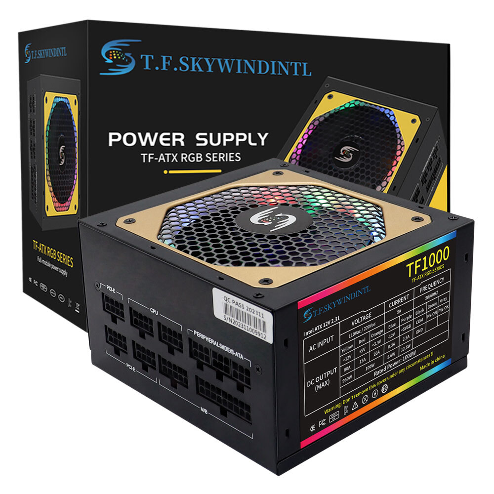 ATX 1000W Full Modular Power Supply with RGB Fan 80+ Bronze Dual CPU, Active PFC