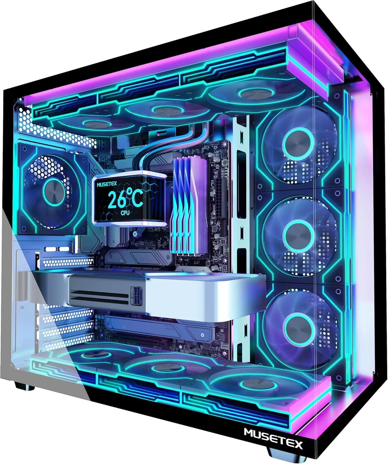 Y6 PC Case, Pre-Installed 7 Infinity Mirror PWM ARGB Fans, ATX Mid Tower Compute