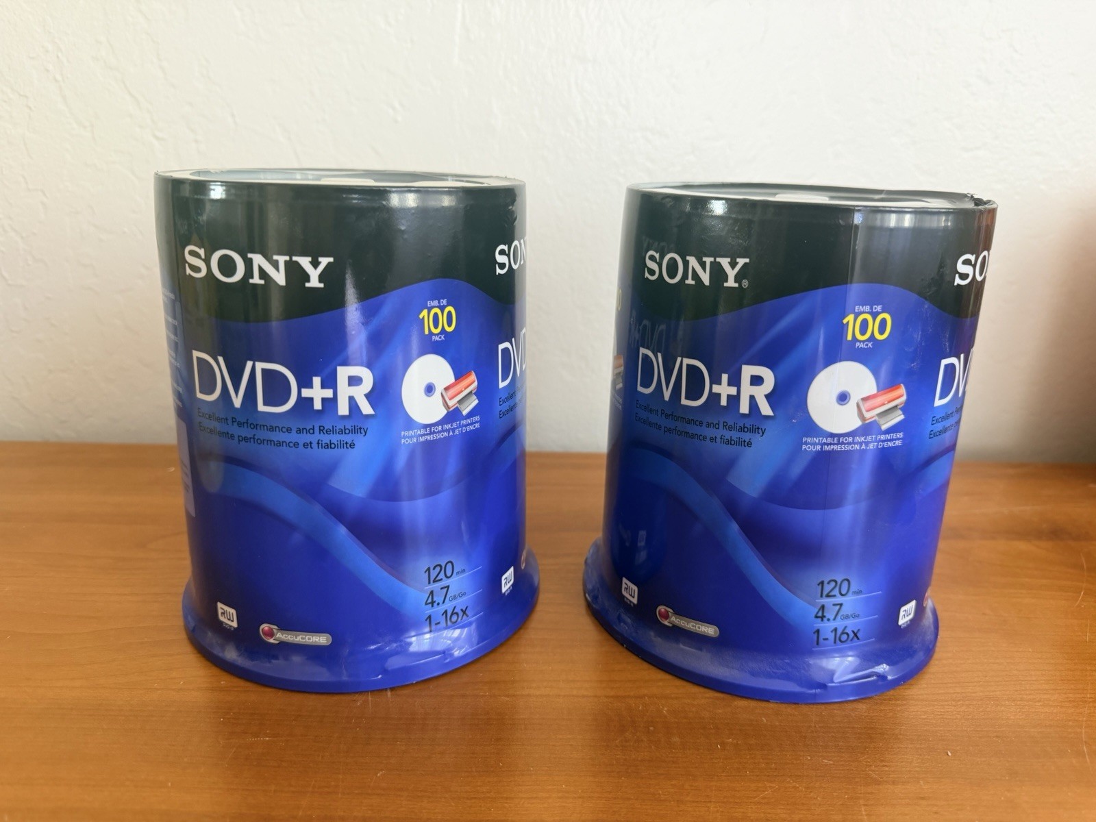 NEW/SEALED, 2 packs Sony DVD+R 4.7GB 120min 1-16X Recordable Video Discs 100 Pk