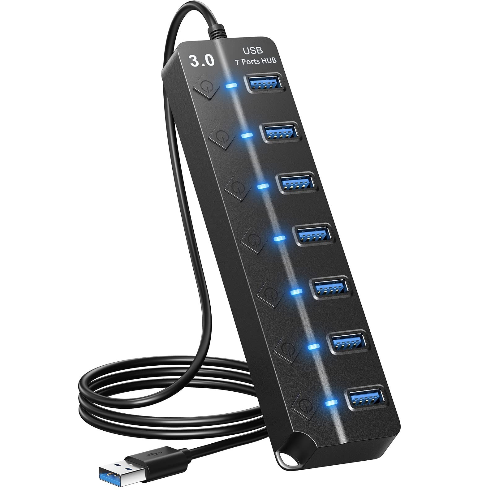 ONFINIO 7-Port USB 3.0 Hub Splitter with Individual Switches & Lights
