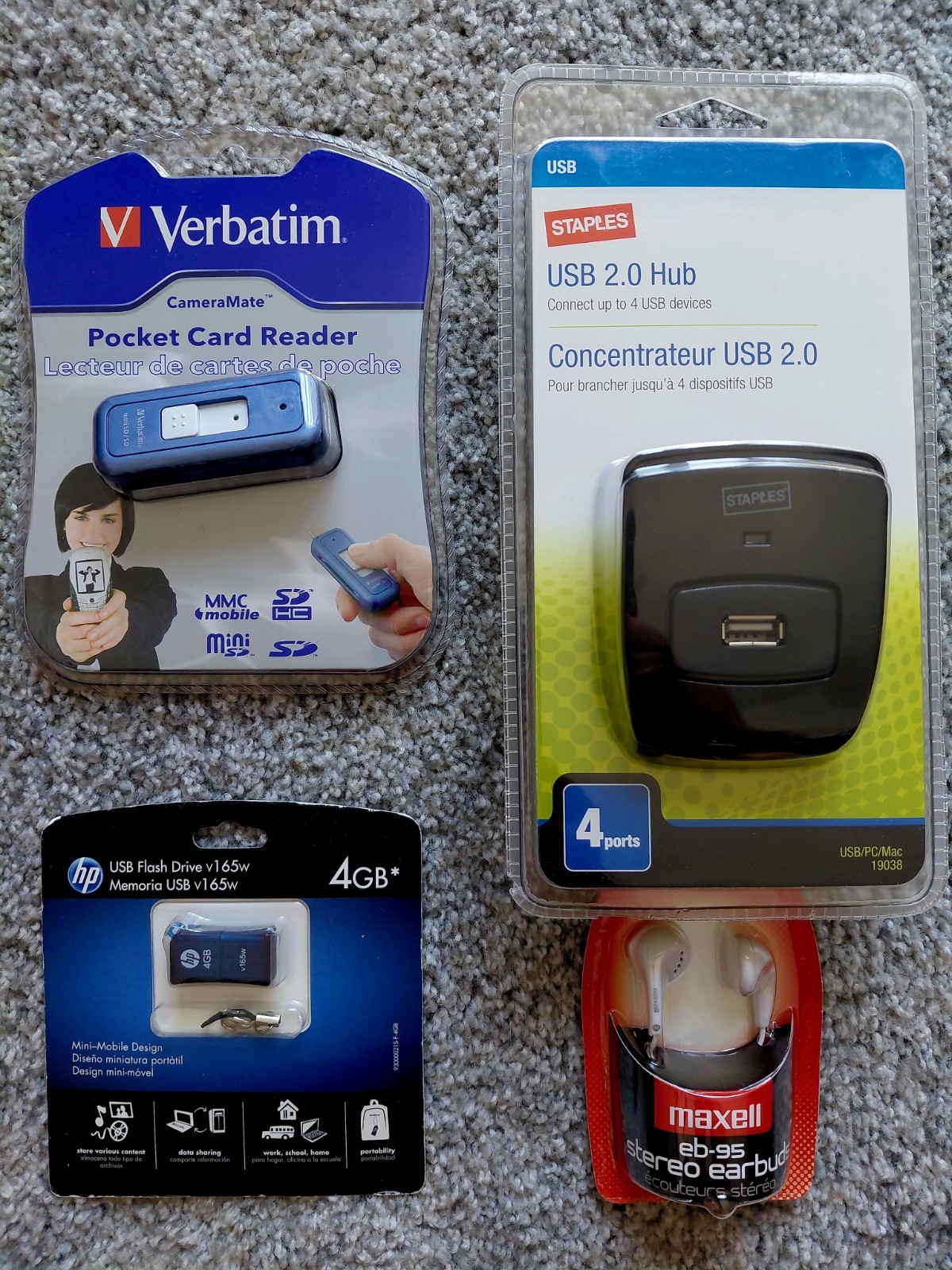 New - Verbatim Card Reader, STAPLES 2.0, HP USB 4GB Flash Drive & Maxell Earbuds