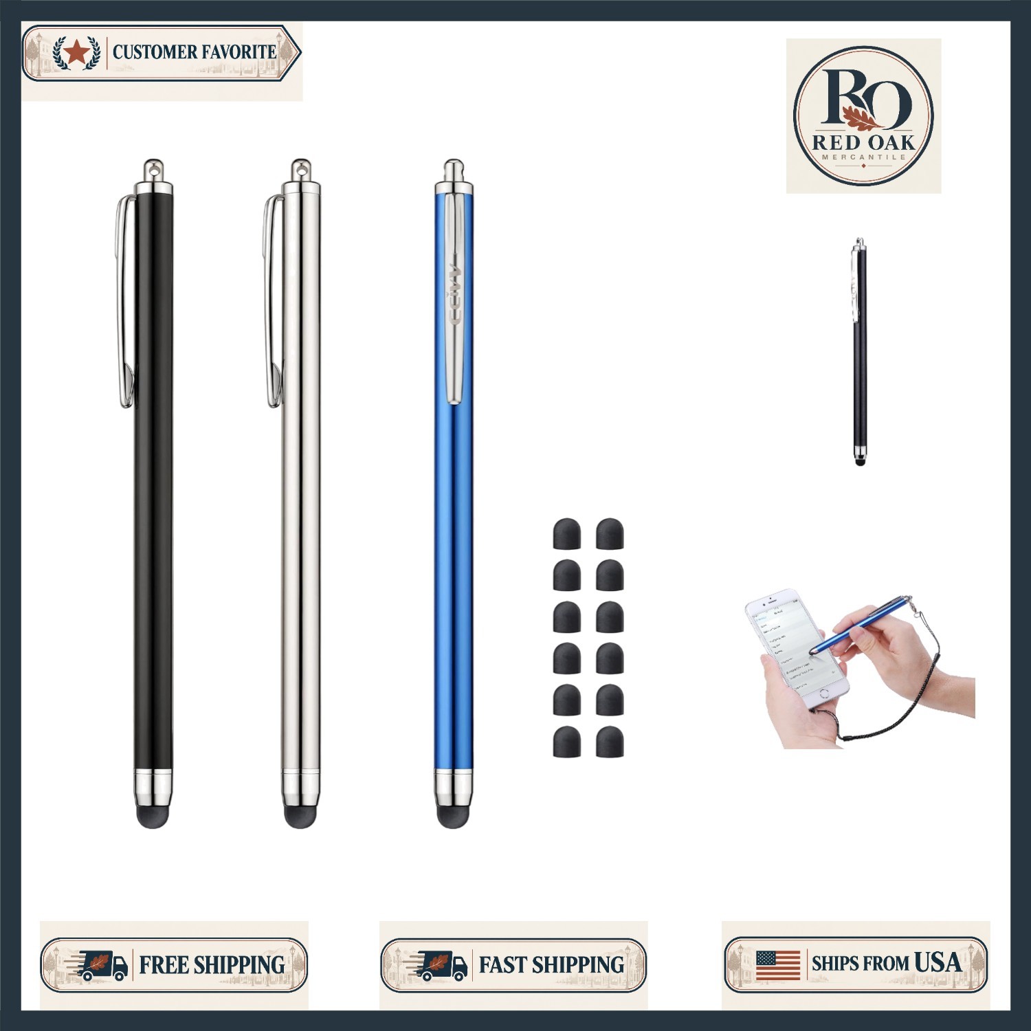 Stylish Touch Screen Stylus Pens - 0.24 Inch Tip with 12 Extra Replaceable Tips
