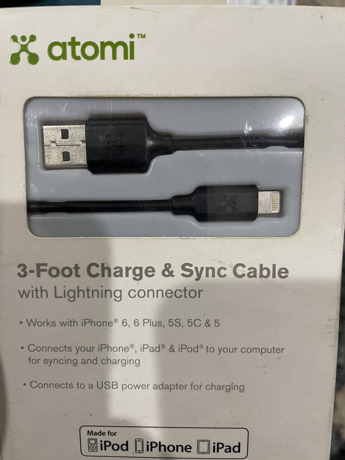 New 1 Atomi Lightning Cable for iPhone iPod iPad Apple Devices white 3-Foot BLK