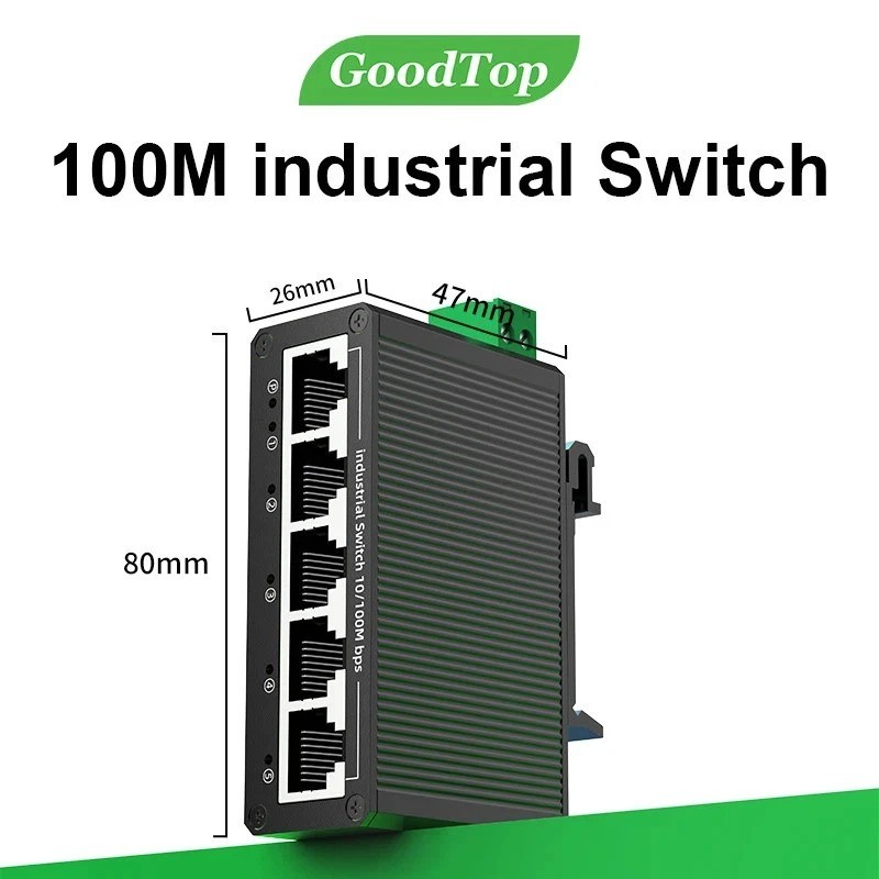 GoodTop 5 Port Industrial Ethernet Switch 100Mbps DIN Rail Plug & Play Network