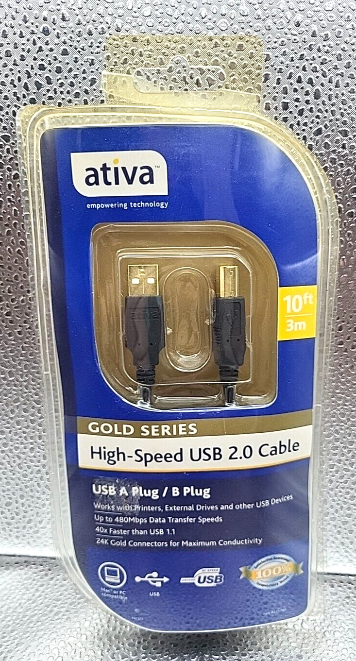 Genuine Ativa 10ft 3m Gold Series High Speed UISB 2.0 Cable A & B Plug 