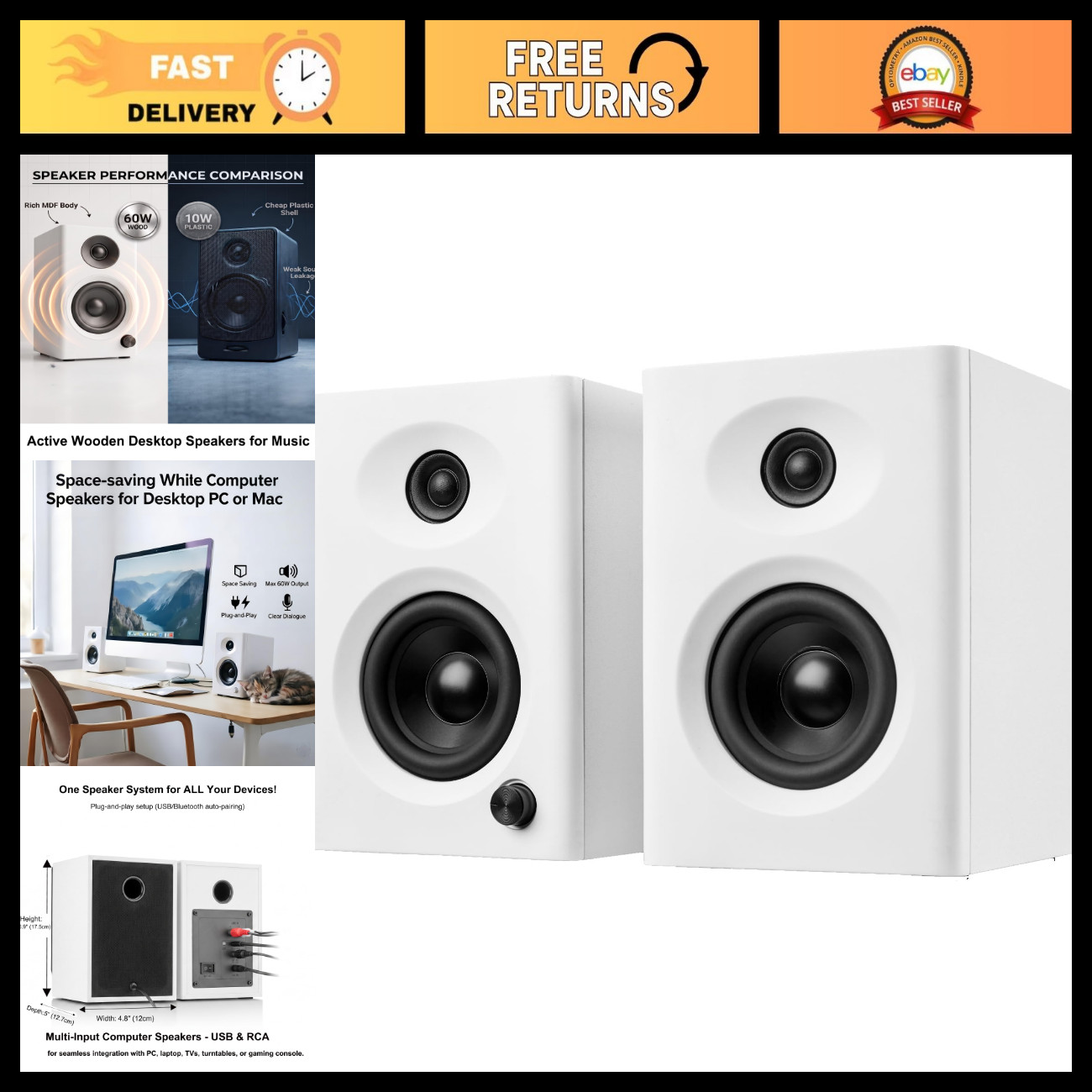 High-Quality Powered Computer Speakers for Gaming & Music - White Pair