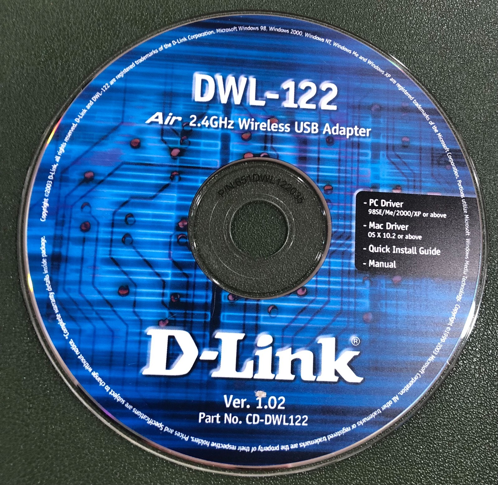 D-link DWL 122 Air 2.4Ghz wireless USB adapter PC and MAc Driver and guide CD