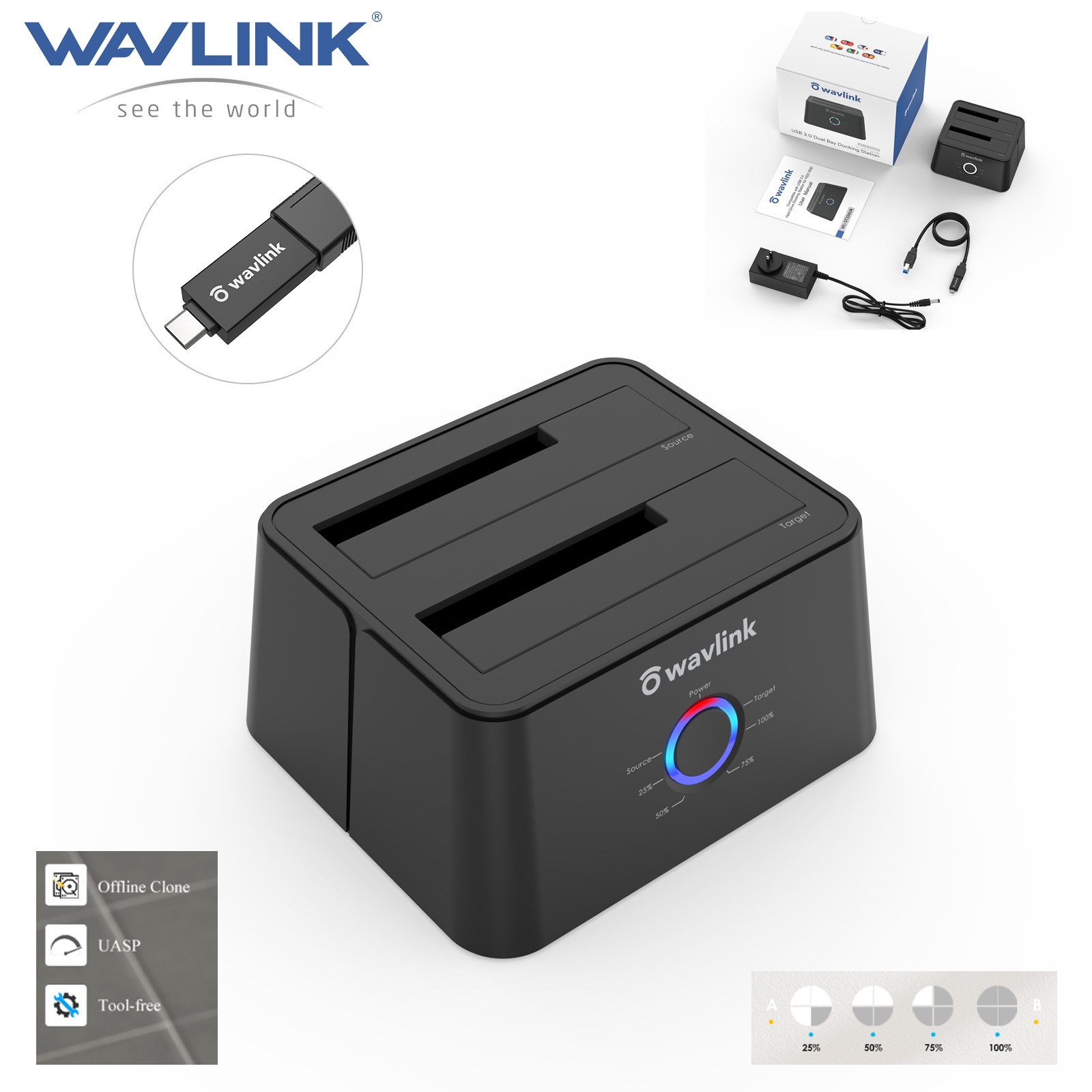 Wavlink 2.5"/3.5" HDD SSD Hard Drive External Dual BAY Dock SATA TO USB A/C